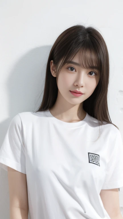 A girl model wearing a white T-shirt stands in front of a white background, an upper body photo