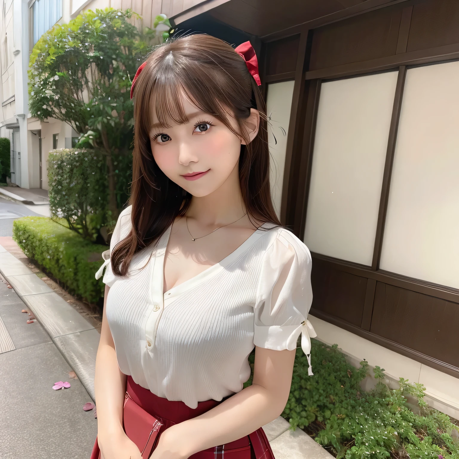 (Top image quality, Ultra-fine, hight resolution, ultra-detailliert,),独奏、Cute *********** s、outside of house, Photo from the side、大きいbreastsout 芝生, A smile, 天空, Behold, during daytime, Mouth open, red blush, backs, length hair, florals, The shirt, 青い天空, 云, bangss, 白いThe shirt, bow ribbon, accessorized, The upper part of the body, floralsびら, 牙, 上の牙だけ, ヘアbow ribbon, doress, breastsout, Arms behind the head, a necklace, shortsleeves, frilld、nogizaka、Beautiful black eyes:1.３、17-year-old schoolgirl