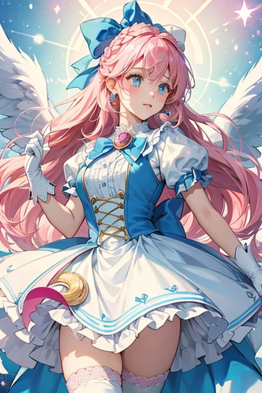 her hair lengthens into long pigtails and turns sky blue with a light pink ombre at the bottom. There is also a thin pink streak in the middle of her bangs. On top of her head are a pair of big white wing-like clips with gold lining and two small blue bows with pink hearts at the bottom along with a gold crescent-shaped with dark blue sphere earring in the right and a gold ear stud in the left. Her dress's bodice is white on top with a thick gold string and dark blue at the bottom with gold lining and two white dots. It also has a gold brooch with a pair of light blue wings with a dark blue sphere and gold four pointed star design and white little necktie with blue trim at the bottom. On her left shoulder is a gold cape holder and a long blue cape that is red in the front with golden fringe lining the bottom. The skirt is cerulean with blue stripes surrounding it and white and pink ruffles lining it along with a pair of pink bows on each side. She also wears puffy white and baby blue sleeves with pink trims on her upper arms and white finger-less gloves with a pink heart and pink lining in the back and yellow wristbands. Her shoes are blue with golden spiky toes and soles and pink ruffles on top with long white thigh-like socks with blue chevron markings on top.