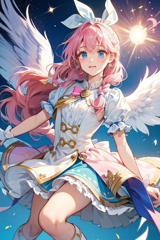 her hair lengthens, wavy and turns bright pink and peach ombre with some of it in braids that are tied in the back with a magenta ribbon, two braided strands with upside down heart- shaped at the end, and a heart-shaped cowlick on the middle. On her head is a big white ribbon with light blue four pointed star-like designs and a clip with white wings and a blue sphere in the middle along with a gold crescent-shaped with white sphere earring in the left and a gold dot earring in the right. She wears a white dress with a large white ruffle in the front lined with pink and light blue at the bottom held by a gold brooch with a pair of pink wings and a white sphere with gold four pointed star design in the middle and blue ribbons at the bottom. The skirt has two white layers with magenta lining on one and light yellow for frills. The open section on the right is dark blue with light blue four pointed star designs at the bottom and a pale yellow four pointed star with green, orange, pink, and blue sparks inside, a light blue bow with two white ruffled fabrics attached as well. She also wears white opera gloves with large white bows at the end and white and magenta knee-length boots with gold four pointed star designs on the front. In the back are two ribbons with magenta hearts in the front and light blue four pointed stars in the back.