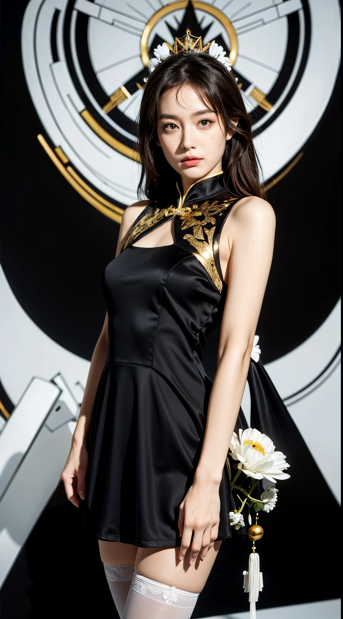 absurd res, high res, (masterpiece:1.4), ultra-detailed, 1girl, from above, space, floating, black and white Chinese dress, black and white dress, black stockings, light brown hair, glowing gold eyes, hands out of frame, arms behind back, hands behind back, hands out of frame,