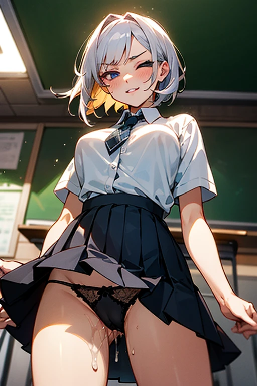 (masterpiece, best quality),
1girl, standing, from below, looking away
cum in pussy, pussy juice trail, pussy juice stain, cum string
BREAK 18 yo,
short silver hair,
beautiful detailed cutest eyes,
eyeshadow, lips, anime girl,
large breasts, gal, angry
(torogao:1.3),
smile, blush, steam, half-closed eyes, one eye closed,
BREAK white collared shirt, black lace panties,
BREAK black pleated skirt,
BREAK classroom