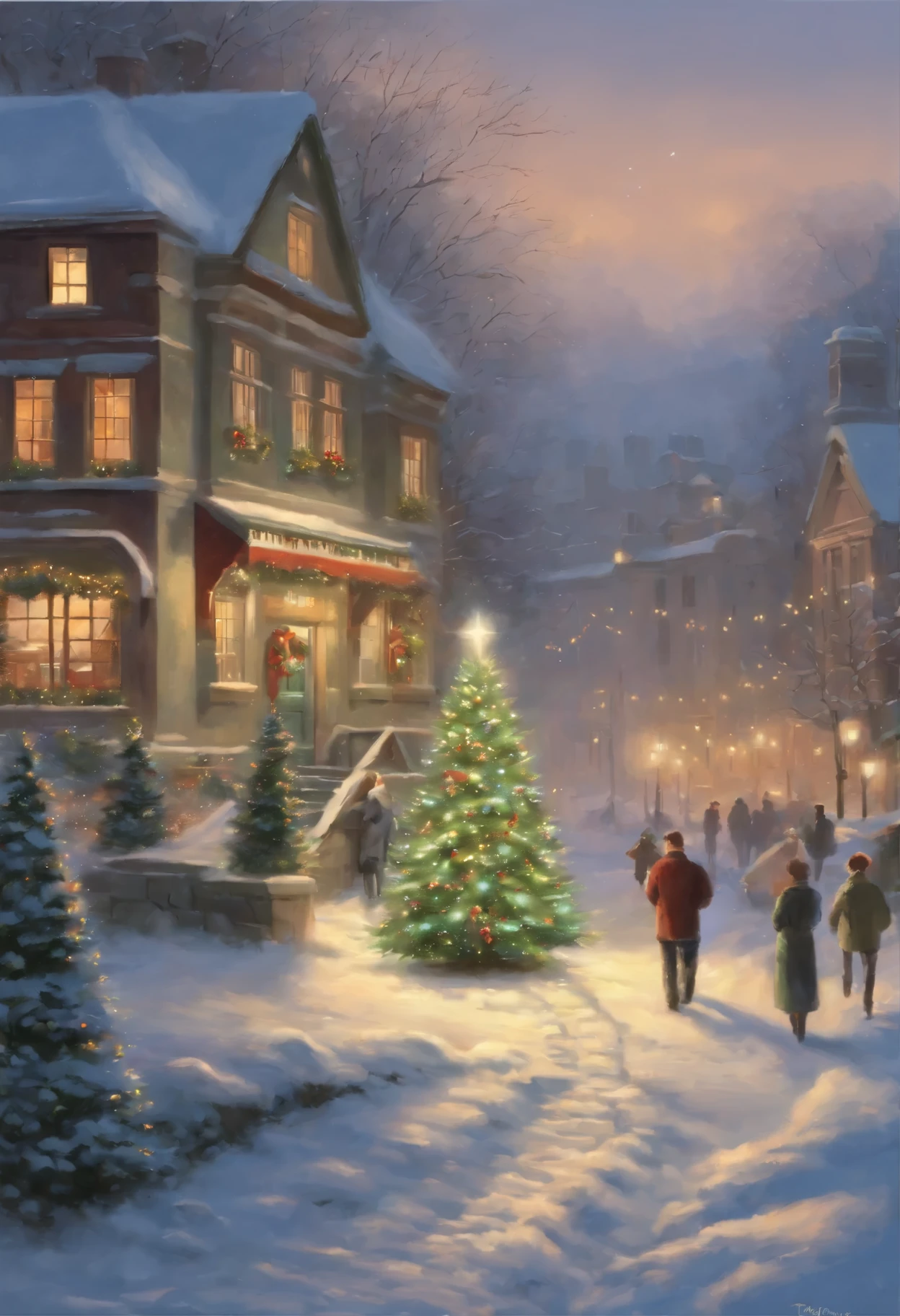 painting of a Christmas tree in a snowy village with people walking by, christmas night, John McNaughton, inspired Mark Keatley, Mark Keatley, Christmas tree, Thomas Kinkade, by Thomas Kinkade, Thomas Kinkade cfg _ Scale 9, Thomas Kinkade style painting, holiday season, ( ( Thomas Kinkade ) ), Makoto Shinkai