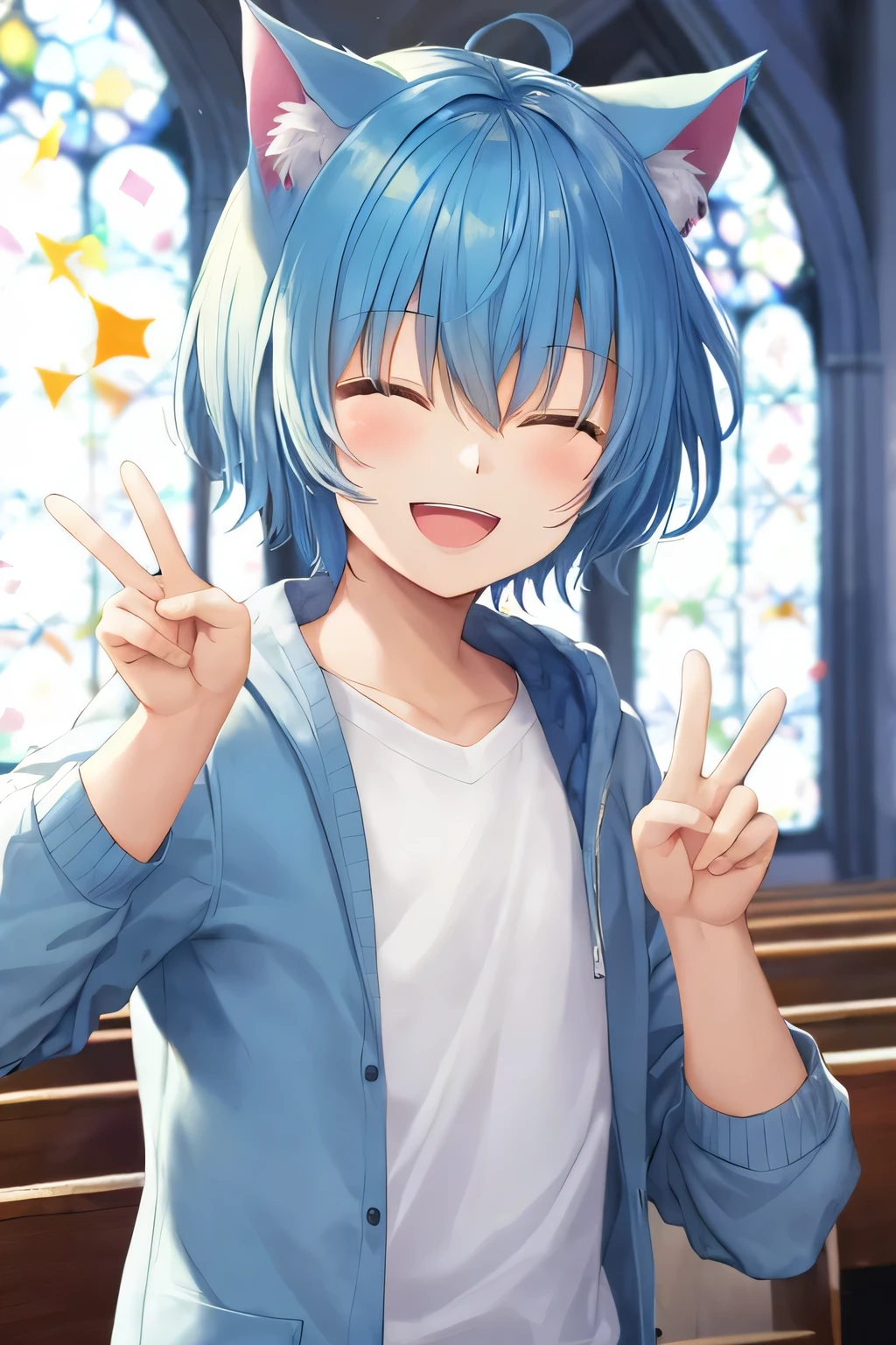 1boy, blue hair and eyes, sharp short hair, blue cat ears, happy face, smile, peace sign, open mouth, eyes close, wearing white shirt and blue cardigan, masterpiece, ultra detail, church
