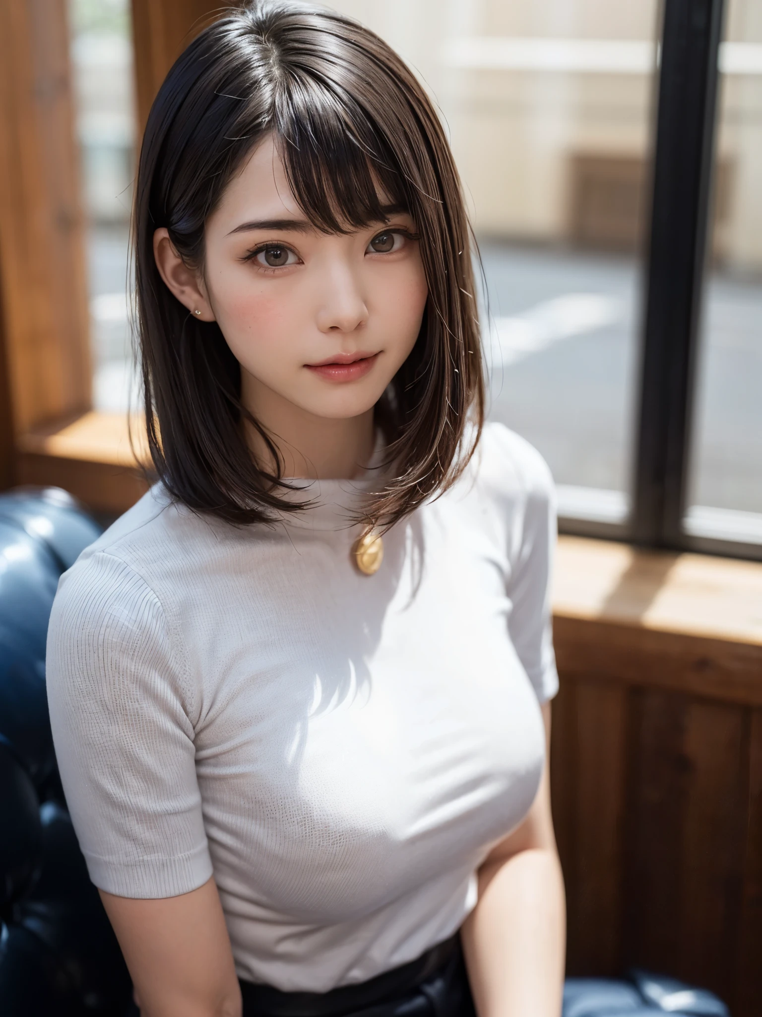 (masutepiece, top-quality、high-detail:1.4、Very attractive beauty、Add intense highlights to the eyes、Look firmly at the camera:1.4、A beautiful woman full of charm、Ideal ratio body proportions、Perfect Anatomy、Brunette Short Bob Hair、Lustrous hair、bangss:1.4、光沢のあるbangss:1.4、lipgloss),1girl in, report, Light brown shiny hair, muffler,realisitic, looking at the viewers、Tilt your head slightly, Bright colored crystal light blue eyes, short shiny hair、 White turtleneck outfit with a hole in the center of the chest,Sexy white turtleneck knit sweater with a round hole in the middle of the chest、 s lips, lipgloss, The upper part of the body、big eye、Lashes、A little red in the face、Embarrassing)、((italian road in winter))、((short hair with big eyes、Put very strong highlights in your students、{Gigantic|Big|Huge|Mega} breasts:1.6、very Bigger breasts、gazing at viewer、Very beautiful beauty、Put your ears out、long neck、smil、smil、Happy、Beautiful teeth、口を開いてsmil、Heart-shaped pupil))、28 year old、Very cute supermodel、