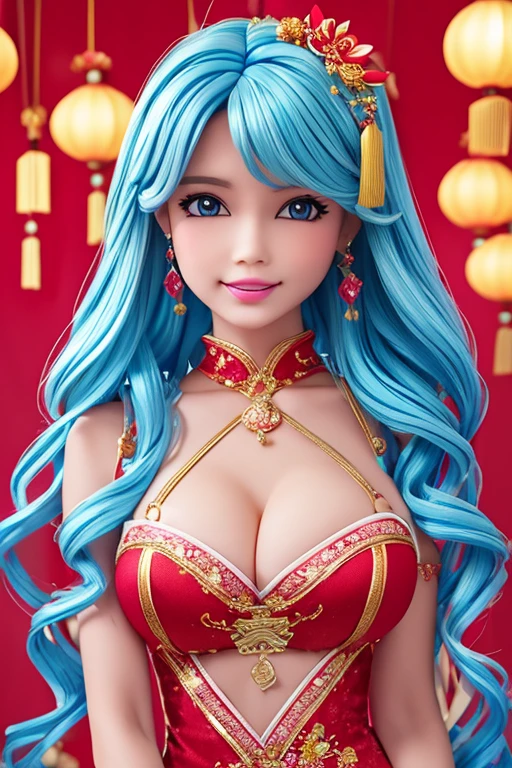 wavy hair wavy hair，（（（hair adornments））），choker necklace，Barbie wearing sexy blue and red lace bodysuit，The room is filled with Chinese New Year decorations（（（tmasterpiece）））， （（Best quality at best））， （（intricately details））， （（hyper realisitc））（8K）