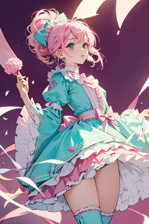 her hair grows longer and becomes tied with a giant magenta bow. The cones on her head become thicker and resemble rice balls more with fuzzy yellow patches near the bottom and her curls grow longer and are held up as well. She now wears a ruffly white headband with small red ribbons and tiny light pink rice balls in the middle and turquoise ribbons on each side. Her dress is pink with white and turquoise ruffles on the sleeves and a pale pink bodice and top skirt with wing-like sleeves and round turquoise triangles surrounding the bottom. The bottom layer of the skirt is pink with light yellow triangles surrounding it with magenta and white ruffles underneath. On her chest is a magenta ribbon with her heart brooch and the belt is pale yellow with white and magenta flowers on each side. Her boots are pale pink with turquoise ruffles on top decorated with small magenta ribbons with rice balls in the middle along with magenta toe tips. She has a giant pink and white checkered bow in the back.