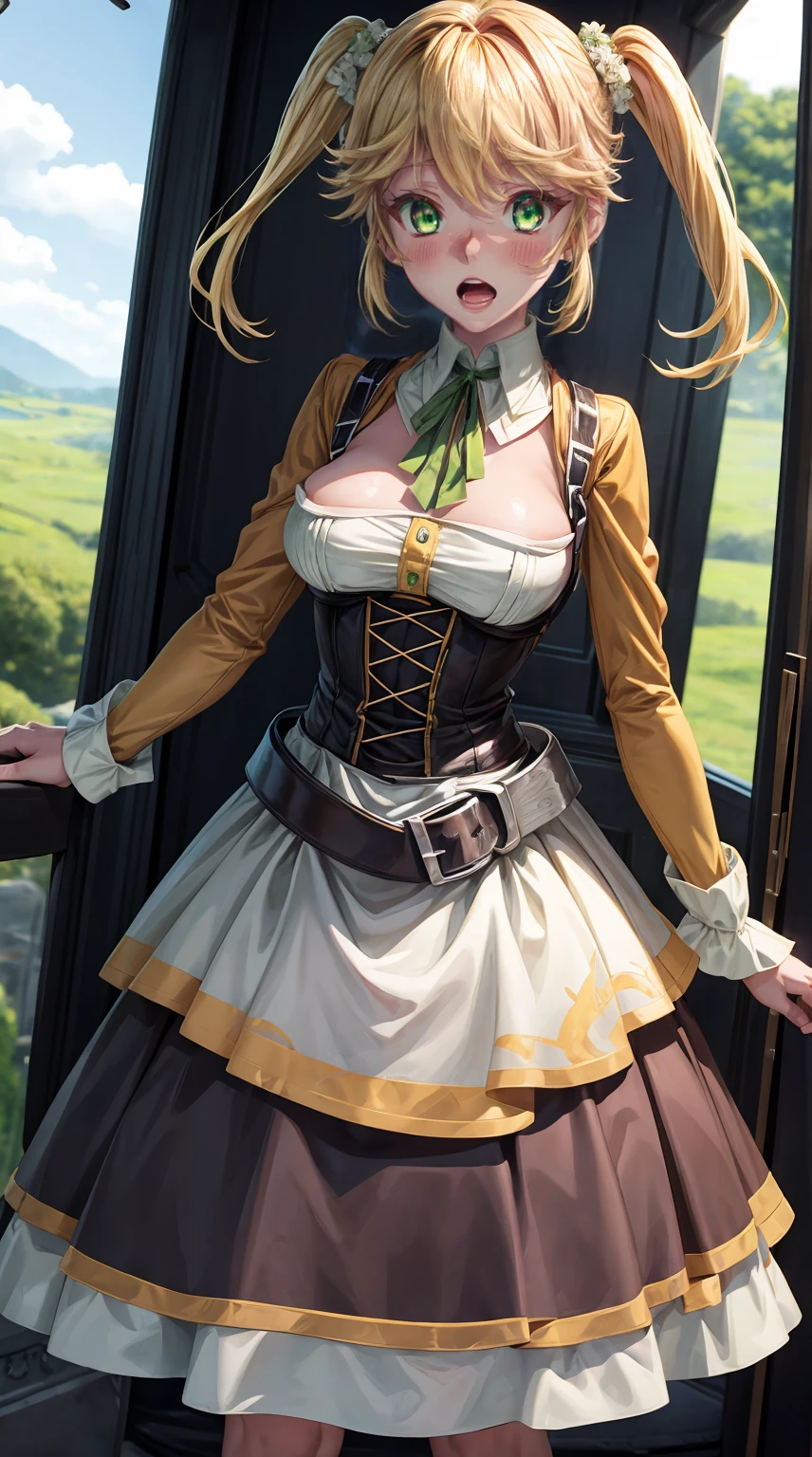 8K, Ultra High Definition, Super detailed, Shiny detailed hair, detailed face, fantasy landscape, solo, looking at viewer, {{best quality}}, {{masterpiece}}, {{ultra-detailed}}, {detailed light}, ultra high quality eyes, detailed eyes, perfect eyes, large eyes, detailed green eyes, blonde hair, short hair, twintail, beautiful, skinny body, white skin, slutty, erotic, standing in suggestive, blushing, open mouth, ahegao, nsfw