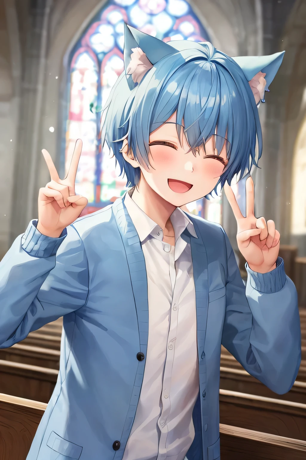 1boy, blue hair and eyes, sharp short hair, blue cat ears, happy face, smile, peace sign, open mouth, eyes close, wearing white shirt and blue cardigan, masterpiece, ultra detail, church