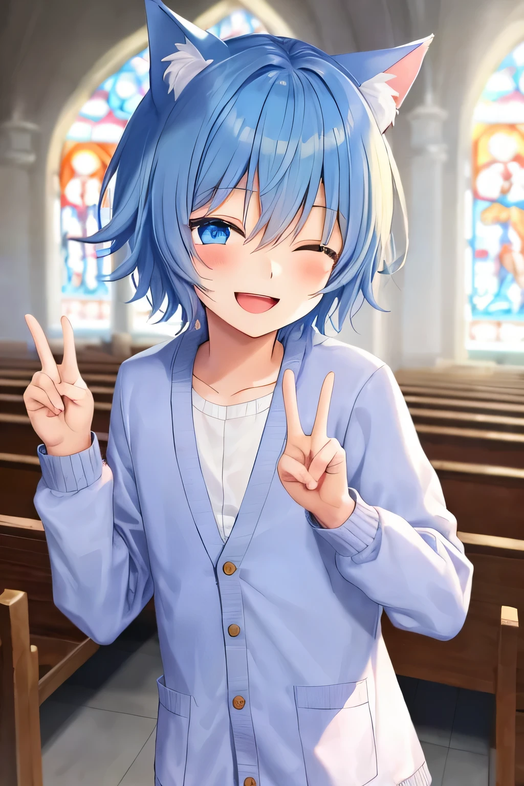 1boy, blue hair and eyes, sharp short hair, blue cat ears, happy face, smile, peace sign, open mouth, eyes close, wearing white shirt and blue cardigan, masterpiece, ultra detail, church