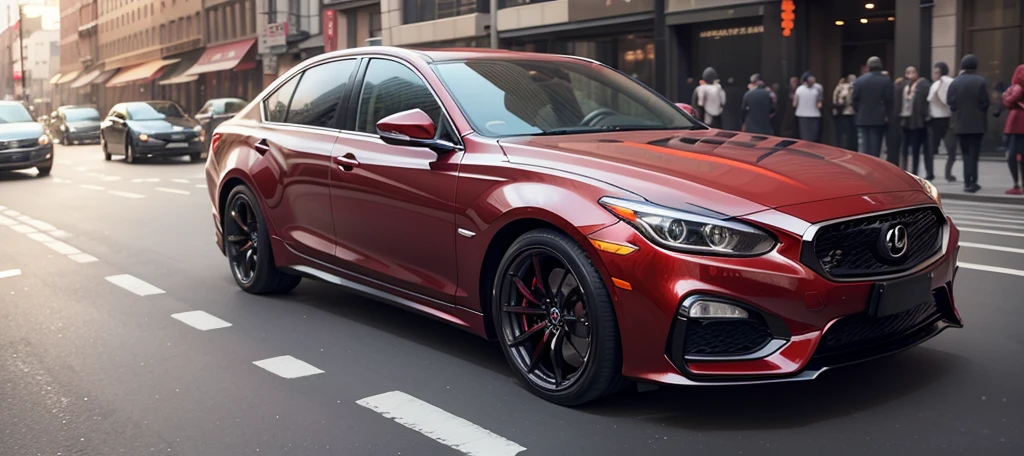 a red luxury sedan driving down a city street with pedestrians, a picture by Yokoyama Taikan, pixabay, shin hanga, luxury, ad image, vehicle photography, exquisitely detailed, low, wide body, but very good looking”, auto photography, aerodynamic imposing, extreme quality masterpiece, 2070s, 2 0 1 0 s