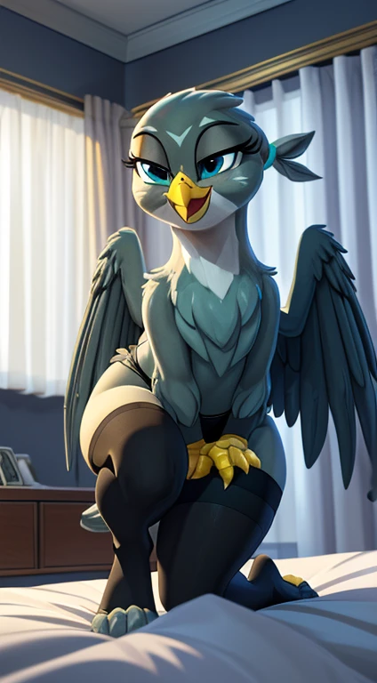 (Masterpiece, highly detailed, anime style render, slightly blurred background, cinematic light particles, front view:1.1, low angle perspective view:1.1), ((Gabby)), (furry:1.2), (((short stack))), female gryphon, blue-grey body, beak, ((tail)), (((yellow arms, yellow hands))), ((blue-grey hind legs)), ((big wings)), solo, on knees, on a bed with light grey sheets, hand rubbing crotch, tail going between legs rubbing crotch, (((wearing black transparent stockings, black detailed panties))), visible panties, (((smiling seductively at viewer centered, with half-closed eyes:1.2, very visibly aroused, and a smug expression))), (((thick thighs))), (thigh gap), spreading wings, (big wide detailed cobalt blue green cartoon eyes:1.2), ((blue-grey eyelids)), (digitigrade:1.2), ((in a detailed elegant hotel room with white walls, white curtains, a window, at midnight, dark night)