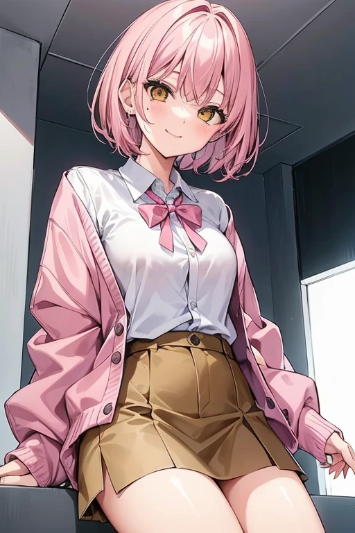 girl with, Light pink hair, Short hair, Eyes are yellow, 校服, a miniskirt, gray worn cardigan, , wear a pink ribbon. , cute face,I have a mole under my eye,knee sox,,Yellow mesh,A smile