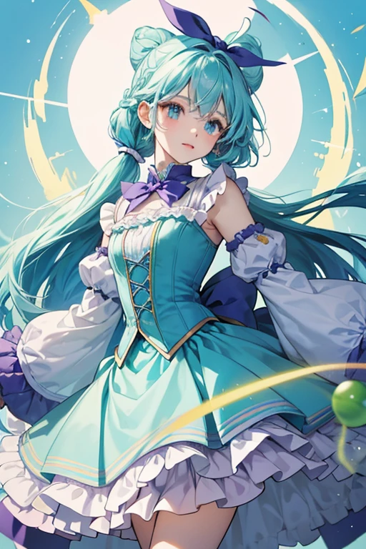 her hair grows longer with the braid showing a larger pink section. The ruffle on her head turns light blue with a small matching scalloped bow with a pale yellow lining and green and purple spheres throughout it. Her dress is light blue with sleeves that reach to the middle of forearms gathered in a blue cuff and a long open skirt. The bodice has wing-like sleeves and is cerulean near the top with a green and purple sphere in the middle. The bow on her chest is replaced with a ruffled blue ribbon at the bottom. The waist area is also cerulean with green and purple spheres in the middle and yellow stripes on each side. The shorter skirt underneath has two pale yellow layers with green and purple circles on each one and pale blue ruffles lining each layer. She wears short pale blue gloves and cerulean and yellow boots with pink ribbons decorated with green and purple spheres on the top. On her back is a giant blue and white checkered bow.