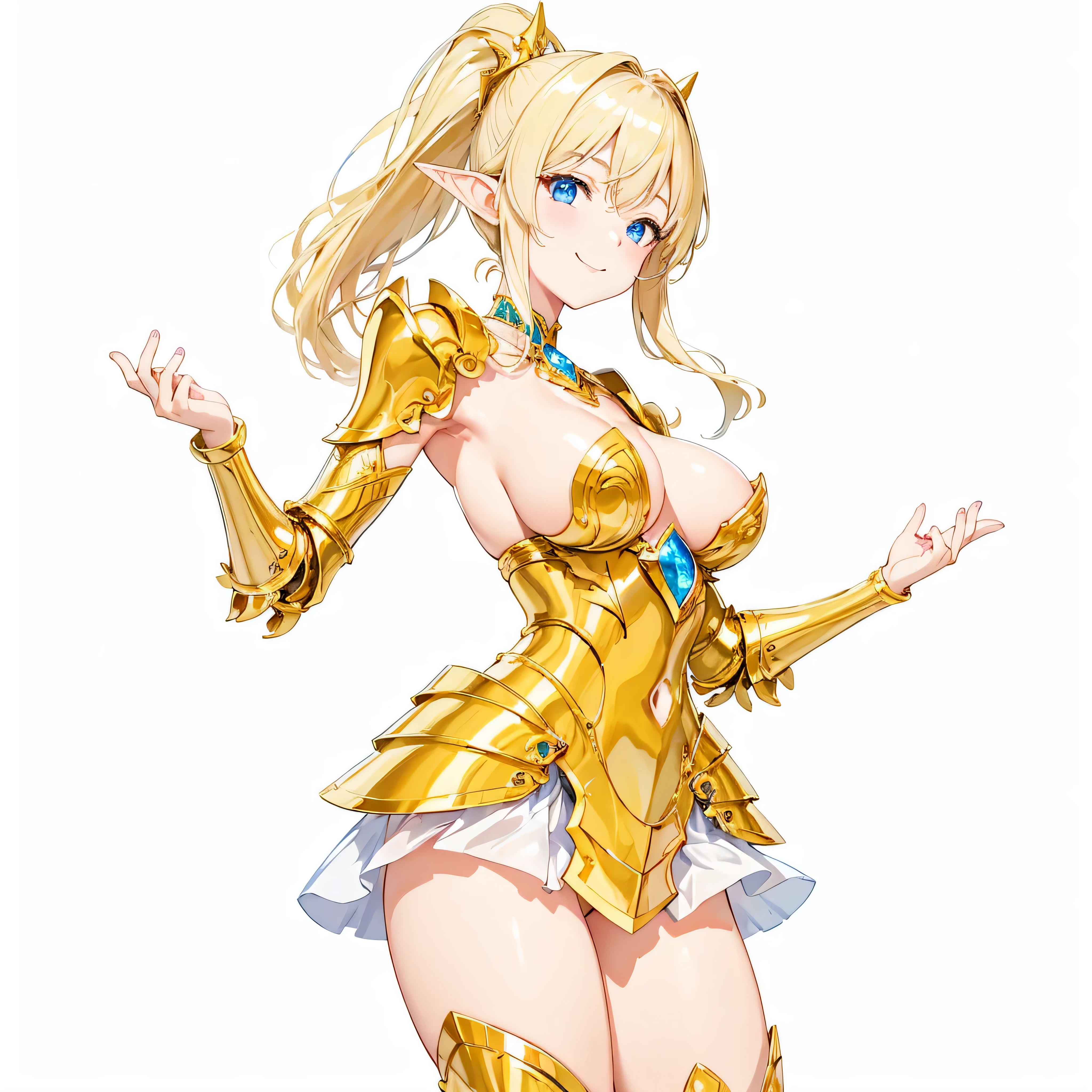 masterpiece、top-quality、ighly detailed、hight resolution、16k、fullnude、teats、Teetoob proportions、elvishの女の子、golden armour、Very thin skirt、Black pants、Very white skin、Beautiful fingers、Anime girl with very big breasts posing naked、Perfect Style、elvish、no-bra、Blonde blue-eyed、A smile、slim the contours