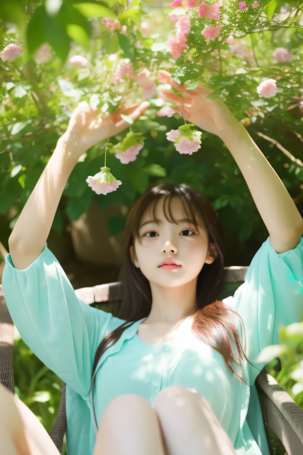 Perfect Beautiful Girl、Full Beautiful Girl、​masterpiece、16K resolution、pure、gravure、high-level image quality、hightquality、summer vacation,draw mentally、photosynthesis beautiful limbs、Tree leakage day、、