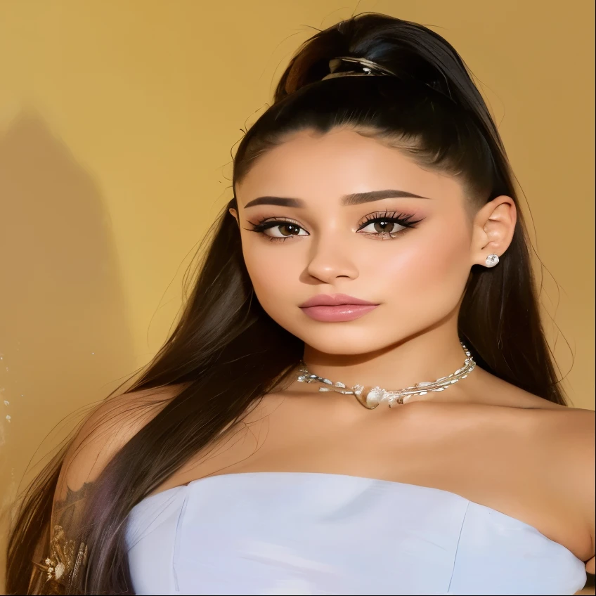 um close up de uma mulher com cabelos longos usando um vestido roxo, Retrato de Ariana Grande, Ariana Grande, cabelo em rabo de cavalo alto liso, Nice Poarch, Ariana Grande Fotografia, ariana grande as a sith, Cl, Ariana Grande em Star Wars, Pintura de Ariana Grande, inspired by Gina Pellón, pintura de retrato de ariana grande, Foto do perfil, suave em _ O pano de fundo