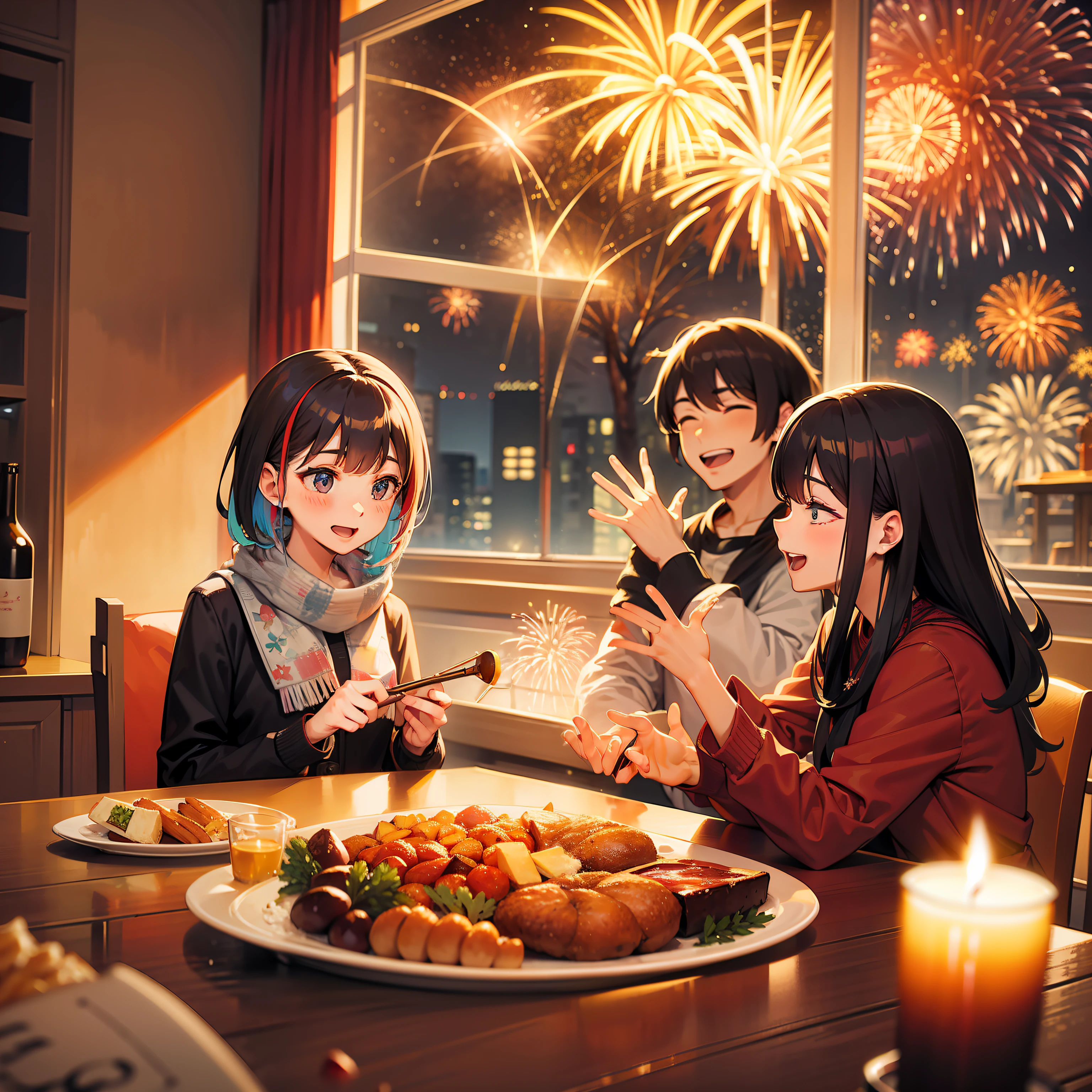 famiglia,Dinner,Fireworks outside the window,It will snow in winter,Evening music,rejoice,perfectquality,Clear focutremely colorful