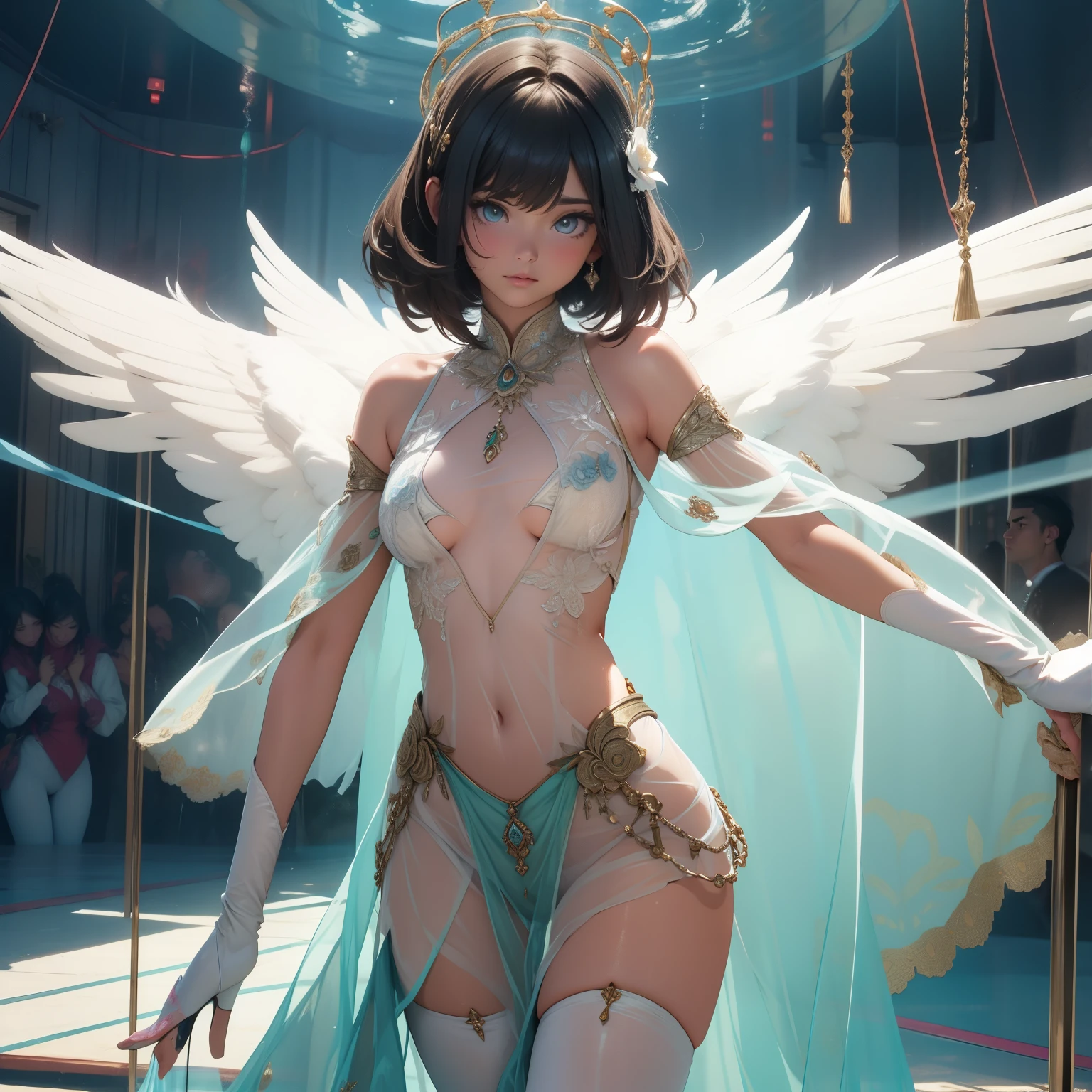 (masterpiece, best quality), best quality, (ultra-detailed), (3heads:1.4), 1girl, (shameimaru aya:1.3), masterpiece, best quality, white top, crop top, ((stomach)), midriff, ((groin)), naval, black skirt, normal ears, shackles, brown hair, very long hair, wavy hair, sidelocks, red eyes, parted lips, single horn, sweat, cute, toned belly, hand on own chest, eyelashes, (24 year old woman:1.3), (masterpiece:1.5), (best quality:1.5), (beautiful detailed extremely detailed CG, extremely delicate and beautiful, depth of field, (finely detailed face), (perfect details:1.3), (mature female:1.3), wide pelvis, slender, large veiny breast, 8k resolution, very high quality, very high definition, extremely detailed, masterpiece, black hair, long hair, alluring presence, braid, short skirt, close up, big tits, young, bird wings, black ribbon,
