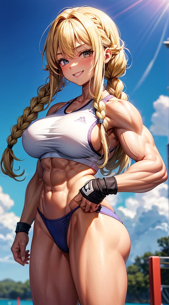 Muscular busty  young girl lolimiling, school girl, huge strong biceps, tonned strong abs, huge round boobs, enormous firm tits, hyper muscular, bodybuilder muscles, bursting in strength, large hips, blonde braids, golf player clothes