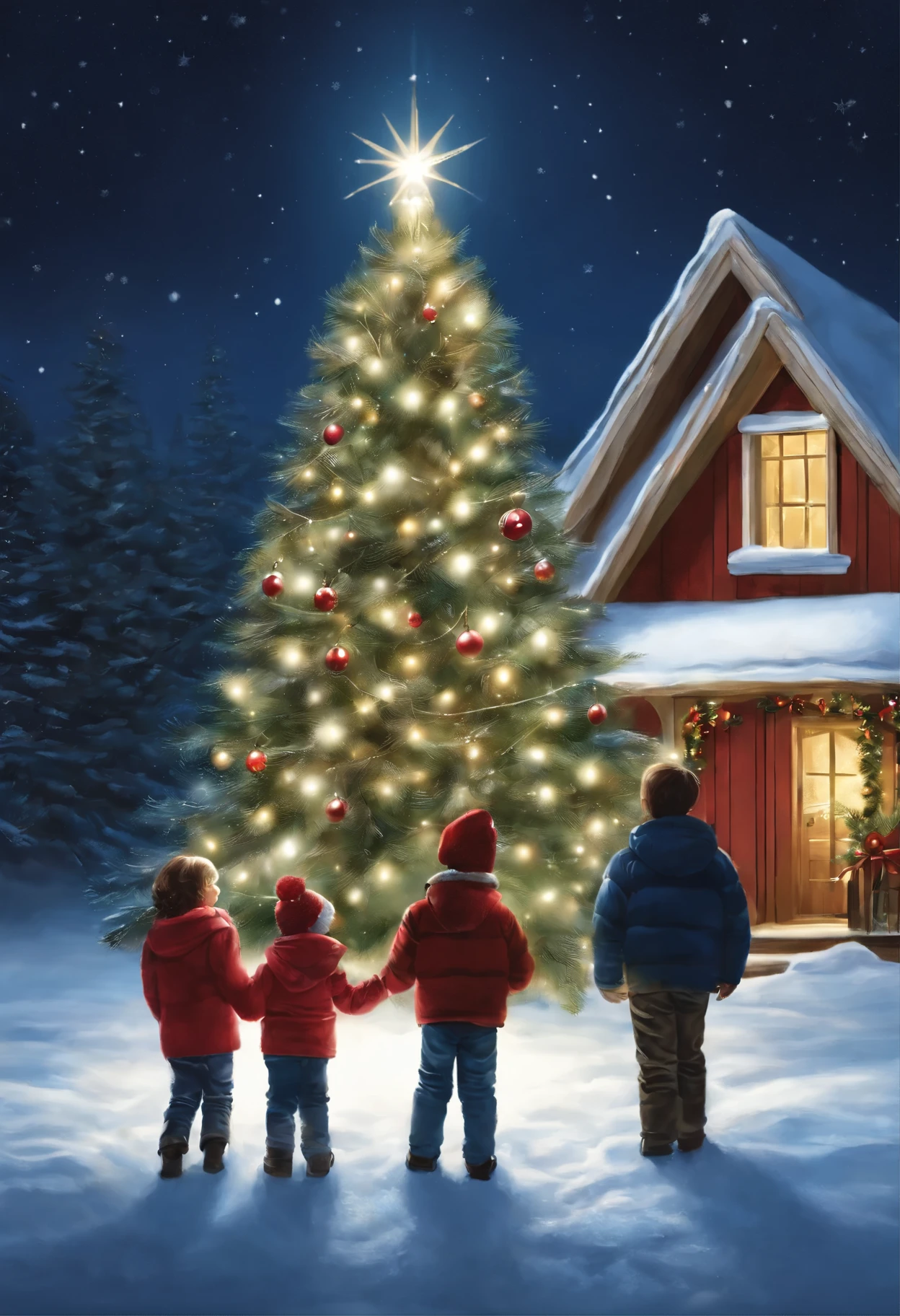 there are three children standing in front of a christmas a tree, under the quiet night sky, holiday season, christmas night, christmas a tree, photo illustartion, The lights are on, a tree's, Robert Childress, A hyper-realistic, true realistic image, Snow glow, a tree, Festive atmosphere, Artists rendition, Artists, Relya Penezic, illustartion!, children's room