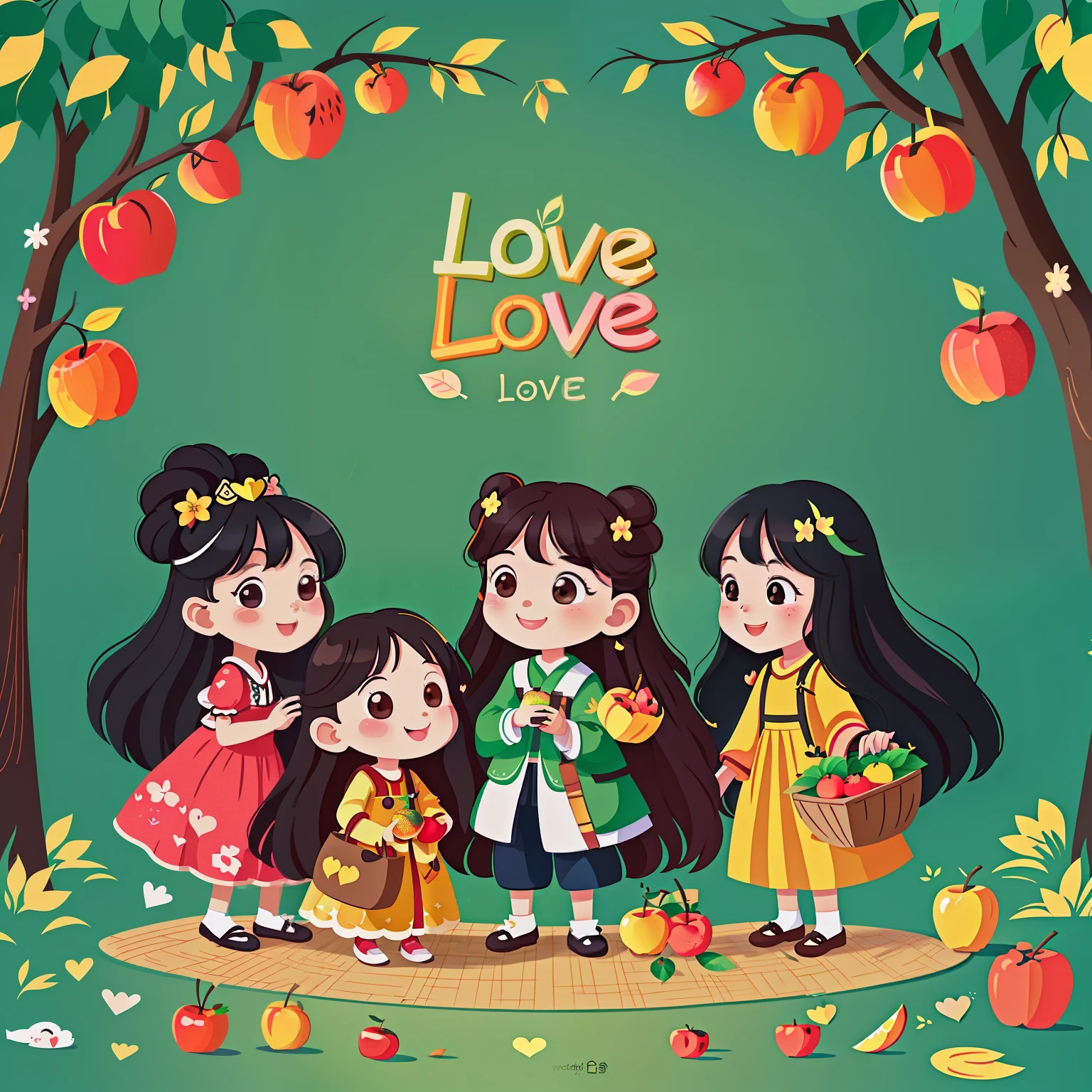 A group of long-haired girls，（There is love）Happy，orchard，those fruits，持There is love，Surrounded by love，blackboards，O sign，vector，line art，designs，inspiration，straight line，RHAD