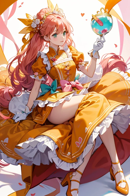 her eyes brighten while her hair turns yellow and her braids become tightly curled tails hanging from large red buns. She also gains a yellow flipped bowl with a pink flower in the middle and a turquoise ribbon adorned by a pom-pom and trim of ruffles on the right side of her head, and bronze earrings where the left one is a spoon and the right one is a fork. Her dress resembles an orange and yellow Chinese gown with ruffled trim. The skirt has a split with a heart design, revealing red fabric and an orange accessory on the thigh. The same red fabric is at the center of the chest, beneath an orange gem heart resting on a yellow and white bow. The bodice is white and orange vertical striped with a flower-shaped apron lined in pink and sky blue, adorned by purple and pink bows. On the back is a large orange, green, and yellow ribbon. She gains gold heels with frilly trim and a red bows on the ankle, and white gloves.