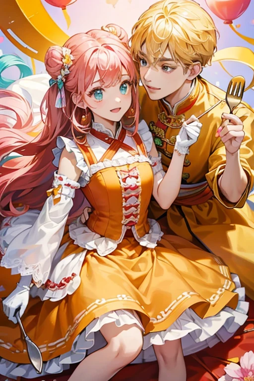 her eyes brighten while her hair turns yellow and her braids become tightly curled tails hanging from large red buns. She also gains a yellow flipped bowl with a pink flower in the middle and a turquoise ribbon adorned by a pom-pom and trim of ruffles on the right side of her head, and bronze earrings where the left one is a spoon and the right one is a fork. Her dress resembles an orange and yellow Chinese gown with ruffled trim. The skirt has a split with a heart design, revealing red fabric and an orange accessory on the thigh. The same red fabric is at the center of the chest, beneath an orange gem heart resting on a yellow and white bow. The bodice is white and orange vertical striped with a flower-shaped apron lined in pink and sky blue, adorned by purple and pink bows. On the back is a large orange, green, and yellow ribbon. She gains gold heels with frilly trim and a red bows on the ankle, and white gloves.