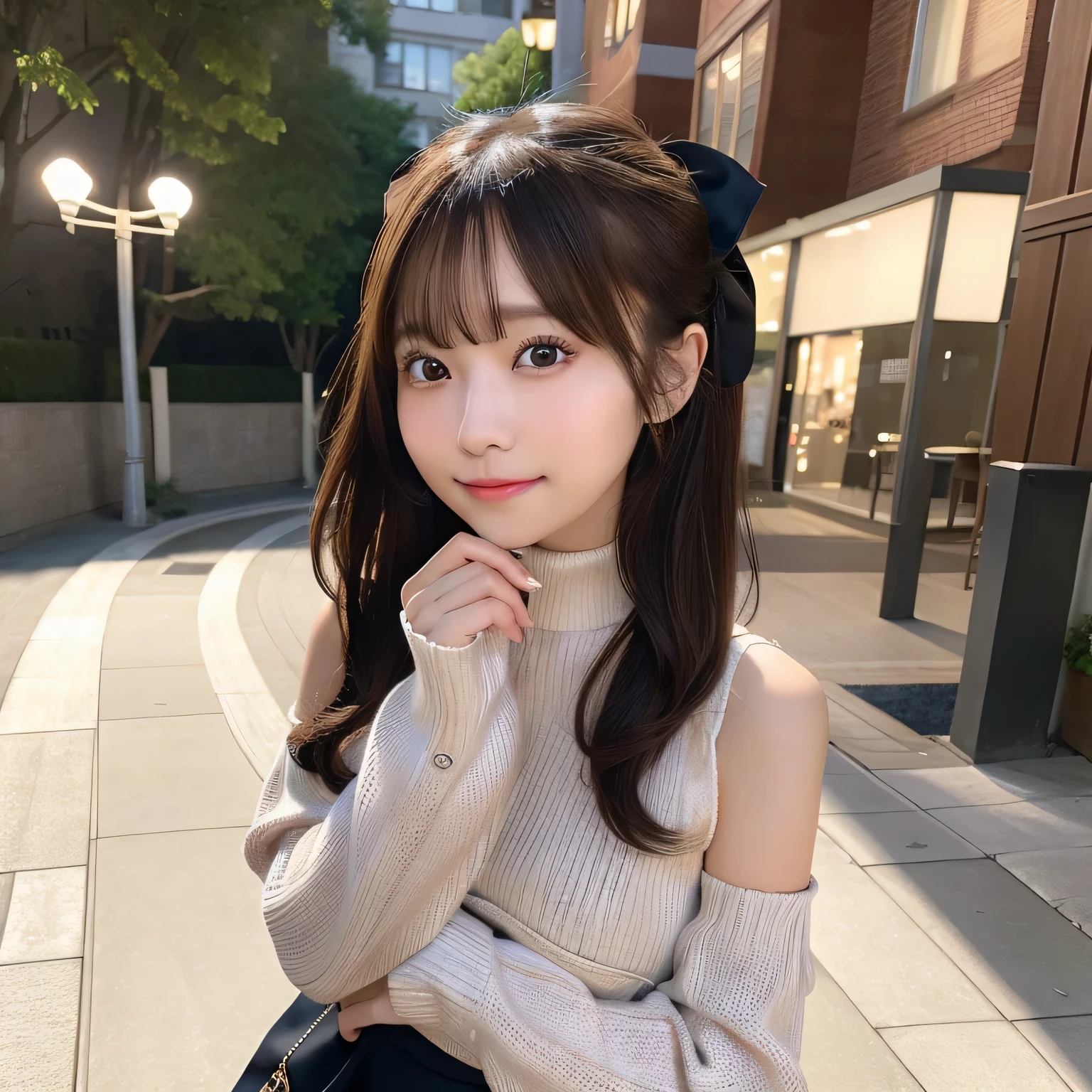 (Top image quality, Ultra-fine, hight resolution, ultra-detailliert,),独奏、She&#39;cute girl, brown haired, Sweaters, accessorized, piercings, A smile, bare shoulders​, Blurring, red blush, outside of house、Bokeh, skirt by the, off shoulders, 背景Blurring, bags, Forward leaning position, long-sleeve, bow ribbon, bangss, ヘアbow ribbon, Cable knitting, turtle neck, depth of fields, Opening Mouth, アランSweaters, Parted lips, View from the side, 赤いbow ribbon, Yuki, Hands on your knees,、sleeves past wrists, off shouldersSweaters, Yuki, 赤いSweaters、nogizaka、Beautiful black eyes:1.３、-yeld sc