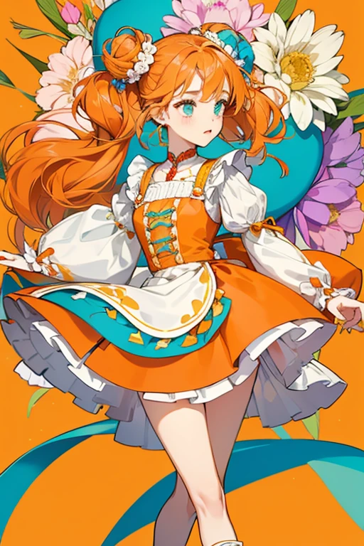 her hair and curls grow longer while her buns become larger. Her flipped bowl accessory is replaced with two turquoise ribbons with blue, purple, pink, and yellow flowers. Her dress changes drastically in style, with a yellow top with orange trim and a red middle section held together by thin gold cords going across. One of the cords hangs downward with two yellow tassels hanging from it. Her skirt has orange and pale orange stripes with a yellow and red layer on top of it. The brooch on her chest is replaced with a giant white flower with an orange heart in the center. Her sleeves are pale orange and wide with yellow and red pom-poms lining the ends. Her apron becomes larger with orange and green accents and four flowers at the bottom that match the ones in her hair. The bows around her ankles turn cord-like and small red ribbons appear on the toes. She no longer wears gloves and has a gold ribbon-shaped ring with a pink heart in the center on her left middle finger.