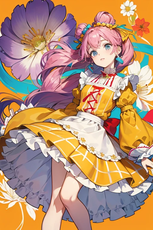 her hair and curls grow longer while her buns become larger. Her flipped bowl accessory is replaced with two turquoise ribbons with blue, purple, pink, and yellow flowers. Her dress changes drastically in style, with a yellow top with orange trim and a red middle section held together by thin gold cords going across. One of the cords hangs downward with two yellow tassels hanging from it. Her skirt has orange and pale orange stripes with a yellow and red layer on top of it. The brooch on her chest is replaced with a giant white flower with an orange heart in the center. Her sleeves are pale orange and wide with yellow and red pom-poms lining the ends. Her apron becomes larger with orange and green accents and four flowers at the bottom that match the ones in her hair. The bows around her ankles turn cord-like and small red ribbons appear on the toes. She no longer wears gloves and has a gold ribbon-shaped ring with a pink heart in the center on her left middle finger.