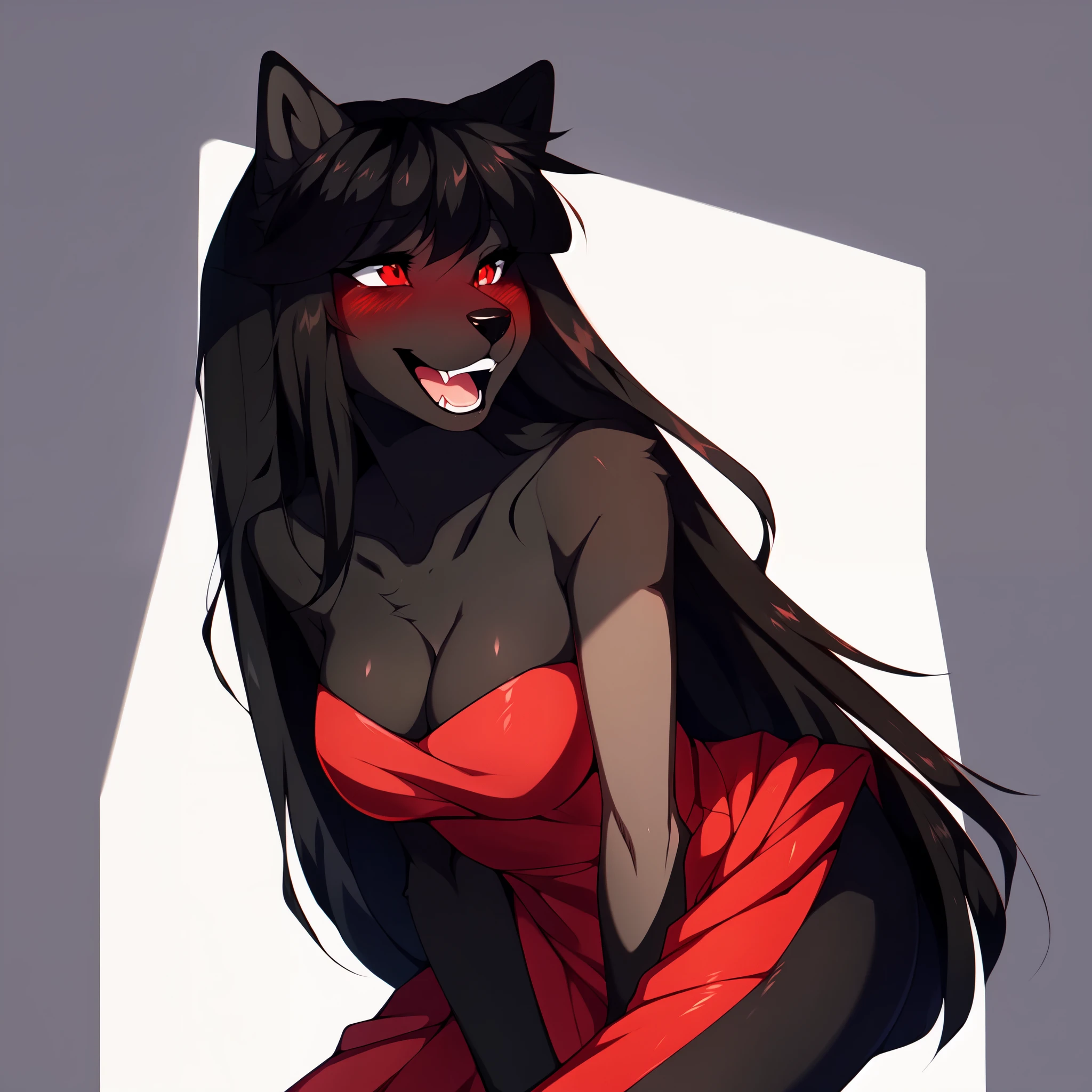 Natasha, solo:1.3, black wolf, wearing red dress, red eyes, long black hair, straight bangs, laughing hysterically, drunk, mouth wide open, blushing, eyes wide open, wide eyed, very small pupils, small irises, cell shading, no background, flat white background, by fumiko, by hyattlen, by hioshiru, upper body shot, leaning to the side