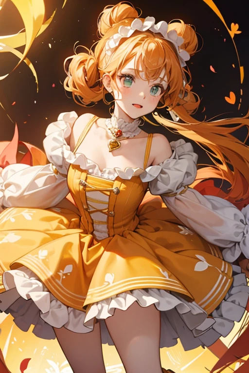 her buns grow larger with green rings around them and the curls hanging from it thicken and turn orange. On her head is a white frilly headband with a bronze spoon and fork on each side. Her dress is orange with long flared sleeves lined in yellow. The bodice is white with a red and gold insert near the middle and red hearts on each side. On her chest is a golden yellow ribbon with her heart brooch in the middle. The skirt is orange and yellow-striped with a longer white ruffle with light pink petal-like panels along the green lining as well as red biker shorts underneath. Her gloves are pale yellow with orange lining and her boots are orange with red ribbons around her ankles. On her back is a giant orange and white checkered bow.