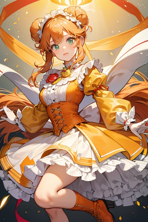 her buns grow larger with green rings around them and the curls hanging from it thicken and turn orange. On her head is a white frilly headband with a bronze spoon and fork on each side. Her dress is orange with long flared sleeves lined in yellow. The bodice is white with a red and gold insert near the middle and red hearts on each side. On her chest is a golden yellow ribbon with her heart brooch in the middle. The skirt is orange and yellow-striped with a longer white ruffle with light pink petal-like panels along the green lining as well as red biker shorts underneath. Her gloves are pale yellow with orange lining and her boots are orange with red ribbons around her ankles. On her back is a giant orange and white checkered bow.