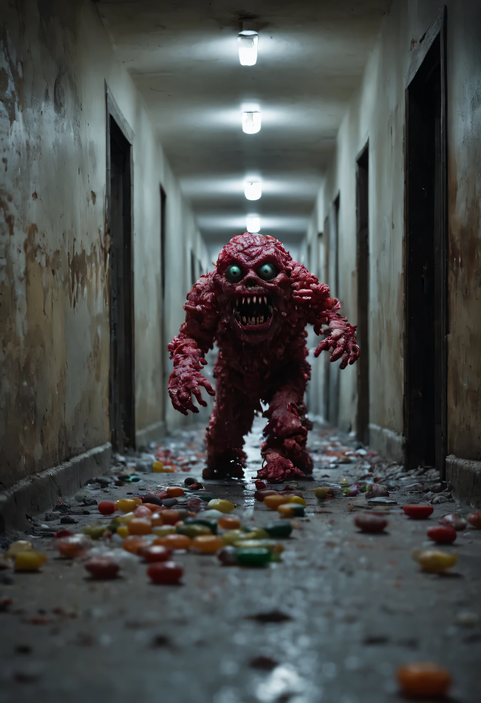 A humanoid monster made of candy runs to the camera, Perspectives, The monster is in an abandoned and dirty corridor, There were several people lying on the floor of the corridor, Horror movie style, Camera DSLR camera, A high resolution, 4K