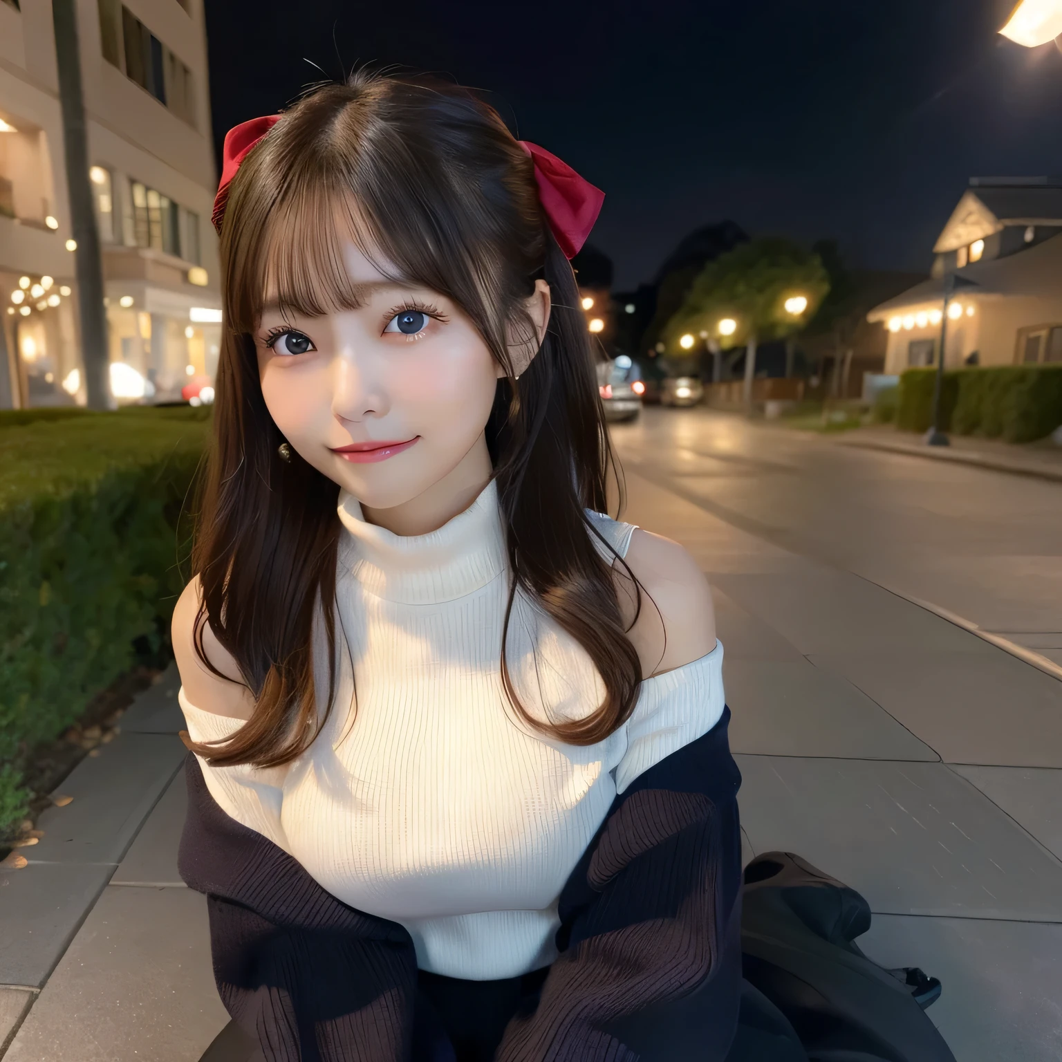 (Top image quality, Ultra-fine, hight resolution, ultra-detailliert,),独奏、She&#39;Cute Girl, brown haired, Sweaters, accessorized, piercings, A smile,nighttime scene、nightcity、beautiful ilumination、 bare shoulders​, Blurring, red blush, outside of house、Bokeh, skirt by the, off shoulders, 背景Blurring, bags, Forward leaning position, long-sleeve, bow ribbon, bangss, ヘアbow ribbon, Cable knitting, turtle neck, depth of fields, Opening Mouth, アランSweaters, Parted lips, View from the side, 赤いbow ribbon, Yuki, Hands on your knees,、sleeves past wrists, off shouldersSweaters, Yuki, 赤いSweaters、nogizaka、Beautiful black eyes:1.３、17-year-old schoolgirl