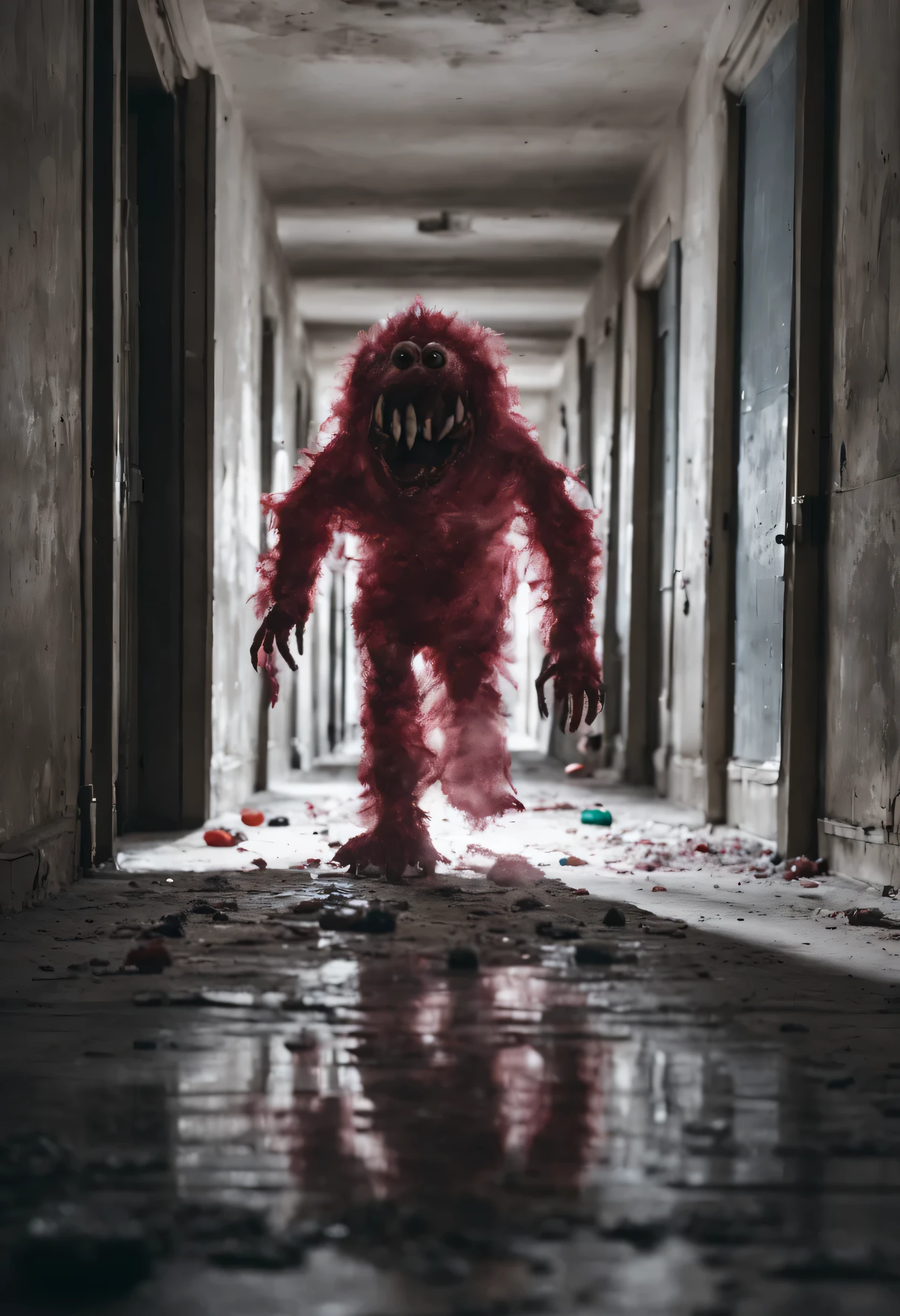 A humanoid monster made of candy runs to the camera, Perspectives, The monster is in an abandoned and dirty corridor, There were several people lying on the floor of the corridor, Horror movie style, Camera DSLR camera, A high resolution, 4K
