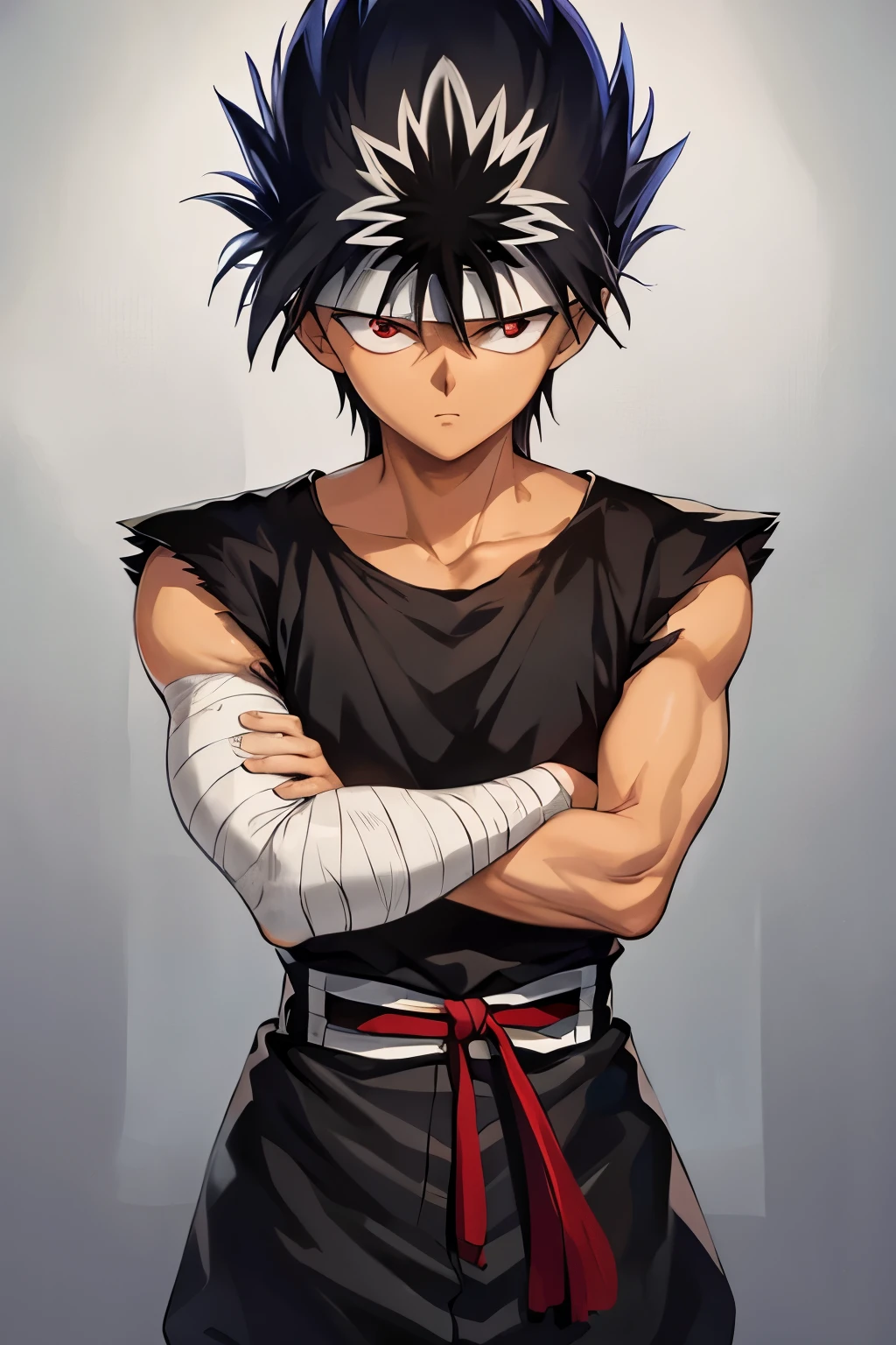 masterpiece, best quality, 1boy, hiei, black hair, white hair, spiked hair, red eyes, headband, bandages, upper body, sleeveless, torn clothes, solo, dragon behind background