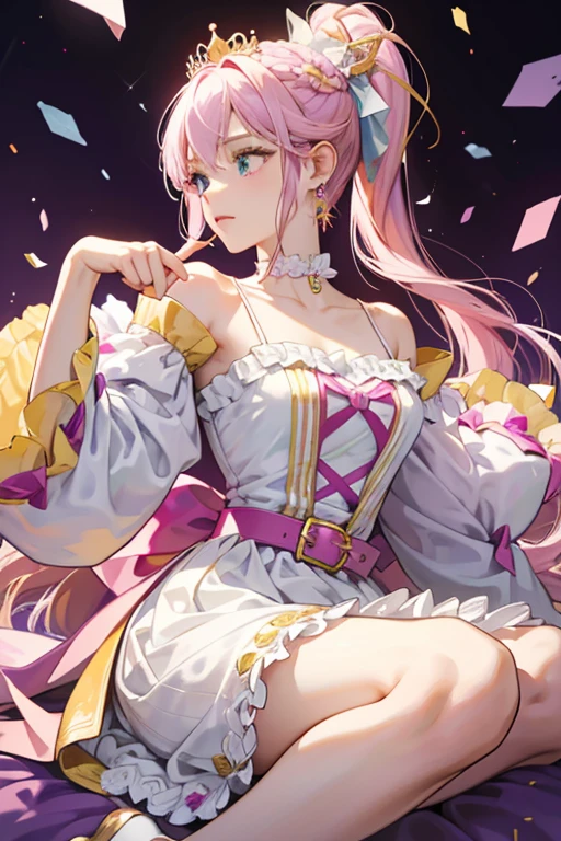 her hair turns blonde and is styled into a loose ponytail held by a white ruffle band with red, purple, and green konpeitos decorating it. She wears a purple tiara-like headband with a heart and small crown in the center and her earrings are magenta spheres. Her eyes turn bright blue. Her choker is white and scalloped. Her dress has a white bodice and pale yellow insert with a collar that has golden lining. Golden crisscrossed lines appear in the front along with magenta trim on top with a pale purple heart brooch. The sleeves are light purple and puffy on top with open shoulders along with gold bands while the bottom is white and fitted with an extension across the middle part of her hand that ends with a gold ring around her middle finger. She wears a thick gold belt with a pale pink and purple apron with a pair of pink and mint green bows on each side. Her skirt is white on top with three yellow triangles in the middle while the bottom part is magenta with light pink droplet-shaped designs that gets longer in the back. At the bottom is a mint green layer with white cloth lining it being held by five purple spheres on each side. In the back is a large white bow. She wears orange and pale yellow pumps with a red sphere in the middle and ankle straps.