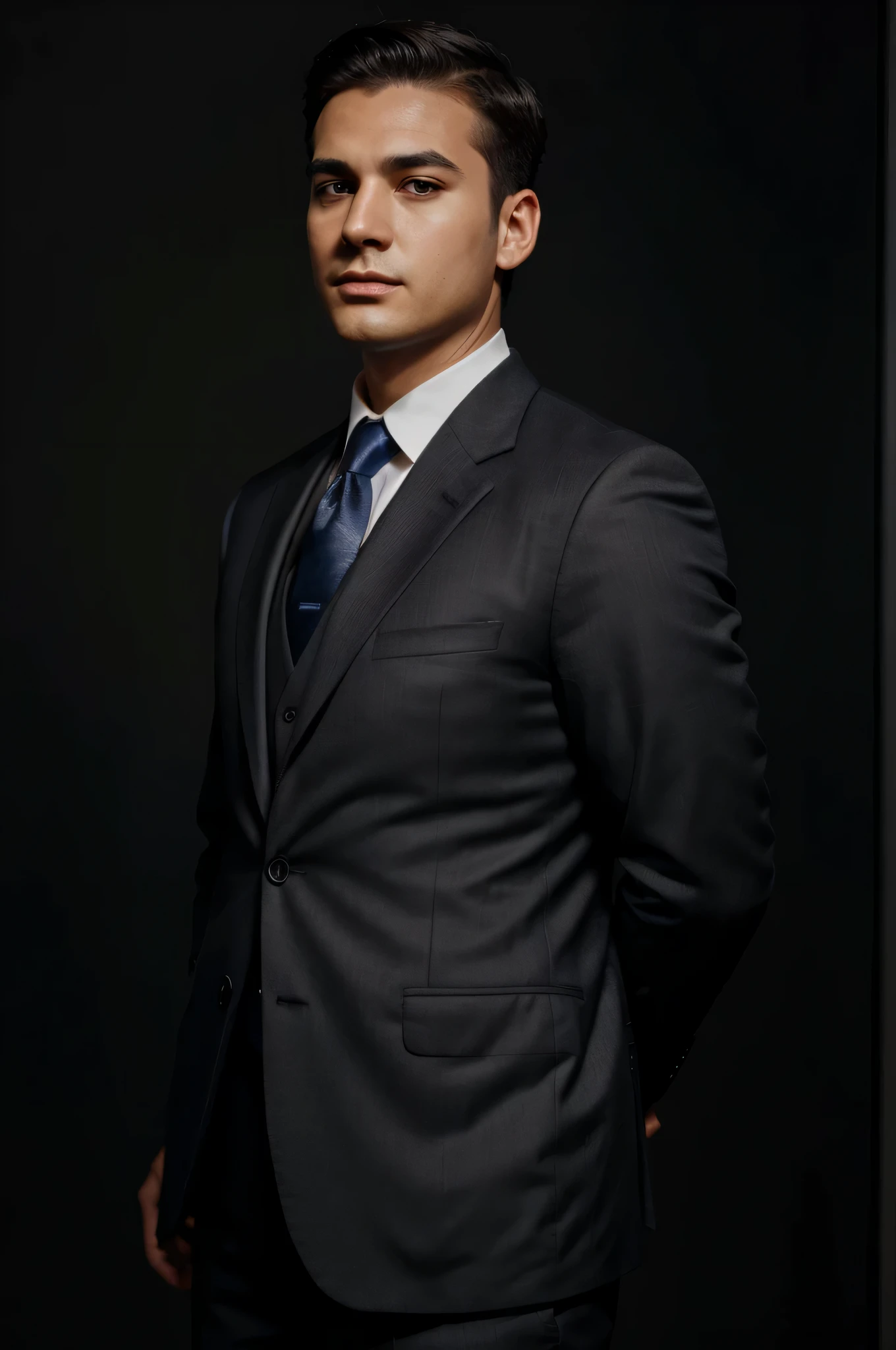 a man wearing suit with dark background and light from side , ultra short haircut, facing viewer, Rather plump face, half body view