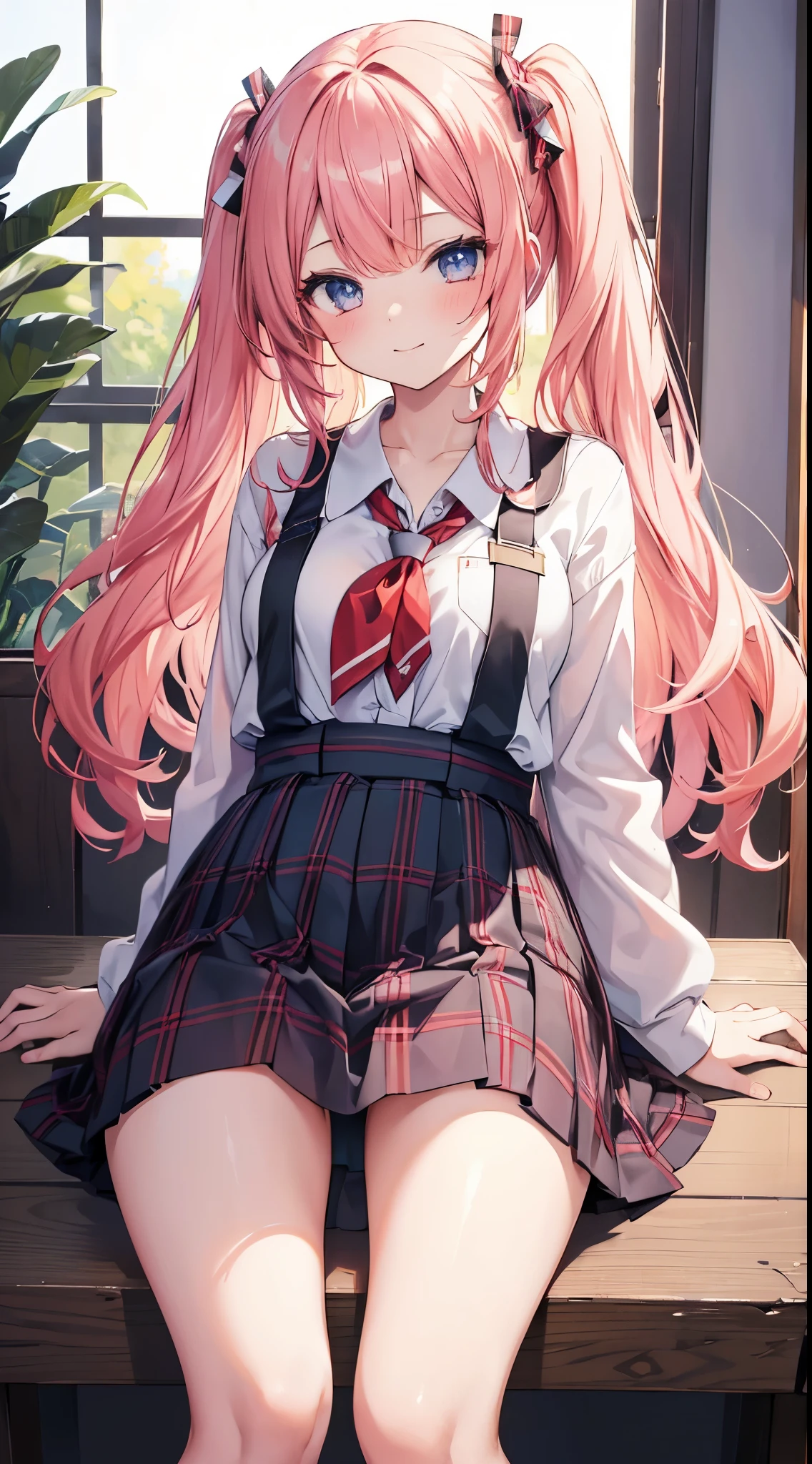 1girl in, (Ultra-high image quality,masutepiece:1.2), spread legswide,plaid skirts,School uniform,White panties,Smiling,On the socks of lack of sleep:1.4),8K