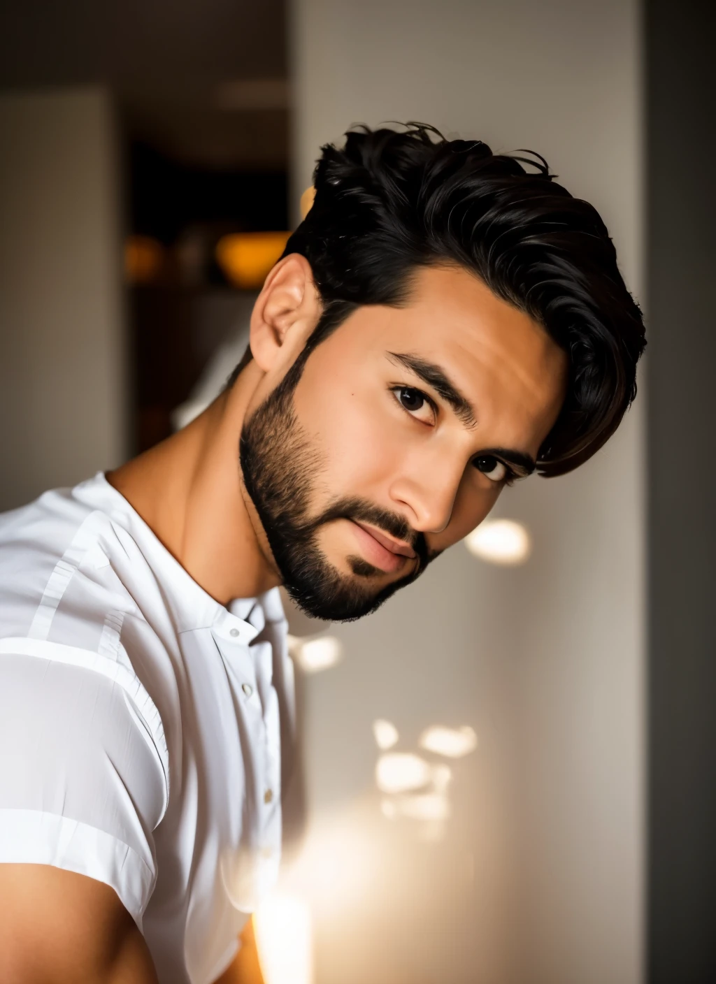 arafed man with a beard and a white shirt posing for a picture, handsome attractive face, handsome man, cinematic headshot portrait, soft portrait shot 8 k, handsome face, beautiful young man, portrait of beautiful young man, portrait shot 8 k, medium portrait soft light, mid shot portrait, handsome face and beautiful face, handsome male, young man