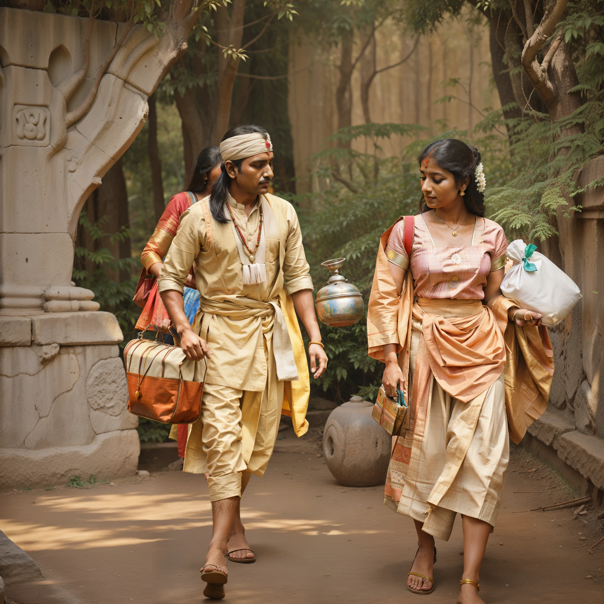 painting of one man and one women in India traditional clothing holding pots and a bag, walking in a forest, ancient india art, mythological painting, a painting of two people, beautiful depiction, religious painting, fresco painting, wall painting, buddhist art, couple,