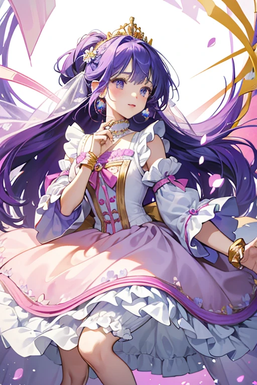 her hair grows longer and her tiara is replaced with a long veil as well as two turquoise ribbons with blue, purple, pink, and yellow flowers. Konpeitos on her hair becomes colorful and a little addition of some pearls. Her sleeves become shorter and turn transparent with two amethyst pearls on each side. Her Heart Fruits Pendant now rests at the center of a large white flower and purple ruffles hang from it. Her apron becomes larger with pink and purple accents and four flowers at the bottom that match the ones in her hair. The skirt becomes wider with a white ruffly layer on top and the colors on the center part of it become inverted. There is also an additional orange layer while the spheres turn magenta. The bottom part is also more ruffled at the end. Her heels turn white with golden toetips and white anklets. She wears white elbow-length gloves with a pale pink heart at the back of the hand along with a gold band and light purple ruffles on top. She also wears a gold ribbon-shaped ring with a pink heart in the center on her left middle finger