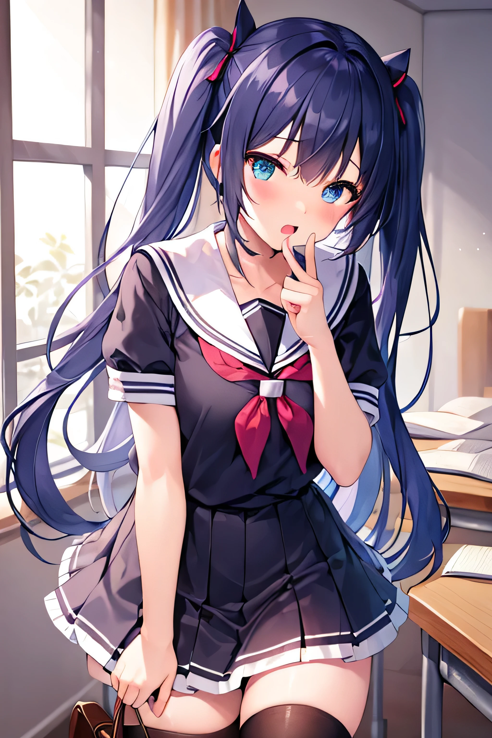 masterpiece、Top image quality、超A high resolution、miku hatsune、blue hairs、Twin-tailed、Blushing、mock、Open your mouth just a little、Short sleeve sailor suit、Mini skirt、knee sox、Inside the classroom
