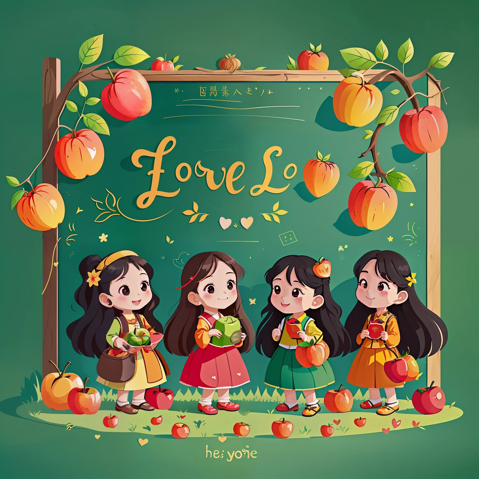 A group of long-haired girls，（There is love）Happy，orchard，those fruits，持There is love，Surrounded by love，blackboards，O sign，vector，line art，designs，inspiration，straight line，RHAD
