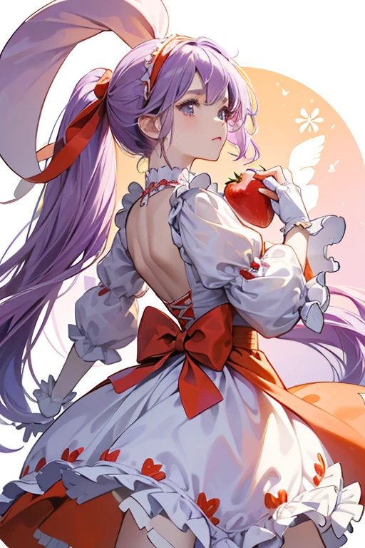 her hair grows longer and decorated with red hearts. She has a pale purple headband with a larger purple ribbon above it with a strawberry in the middle and orange half-circles on each side. Her bodice is white with puffy purple sleeves and a white collar. Below her Heart Fruits Pendant is a mint green ruffle. Her skirt resembles a flan with apple slices around the waist and on orange ruffle resembling caramel below it. The lining on the bottom of the skirt resembles cream dollops and there are also white ribbons looping both sides of the surface. She also wears white fingerless gloves with a red sphere in the center and pale brown ankle-length boots with darker toetips and purple bows with red hearts on them. On her back is a giant purple and white checkered ribbon.