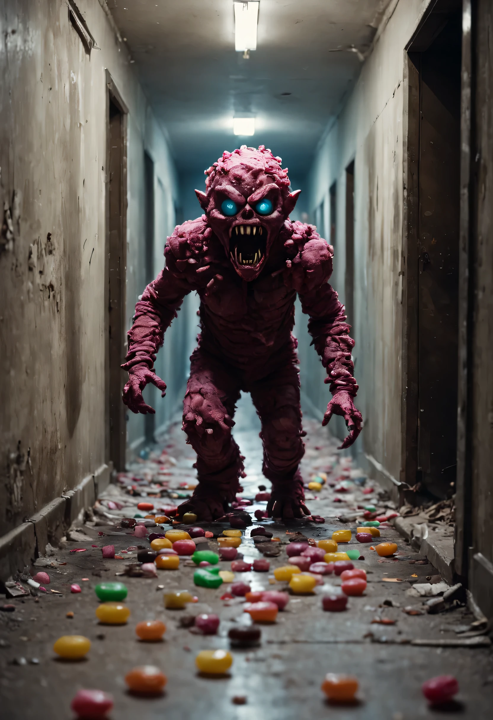 A humanoid monster made of candy runs to the camera, Perspectives, The monster is in an abandoned and dirty corridor, There were several people lying on the floor of the corridor, Horror movie style, Camera DSLR camera, A high resolution, 4K