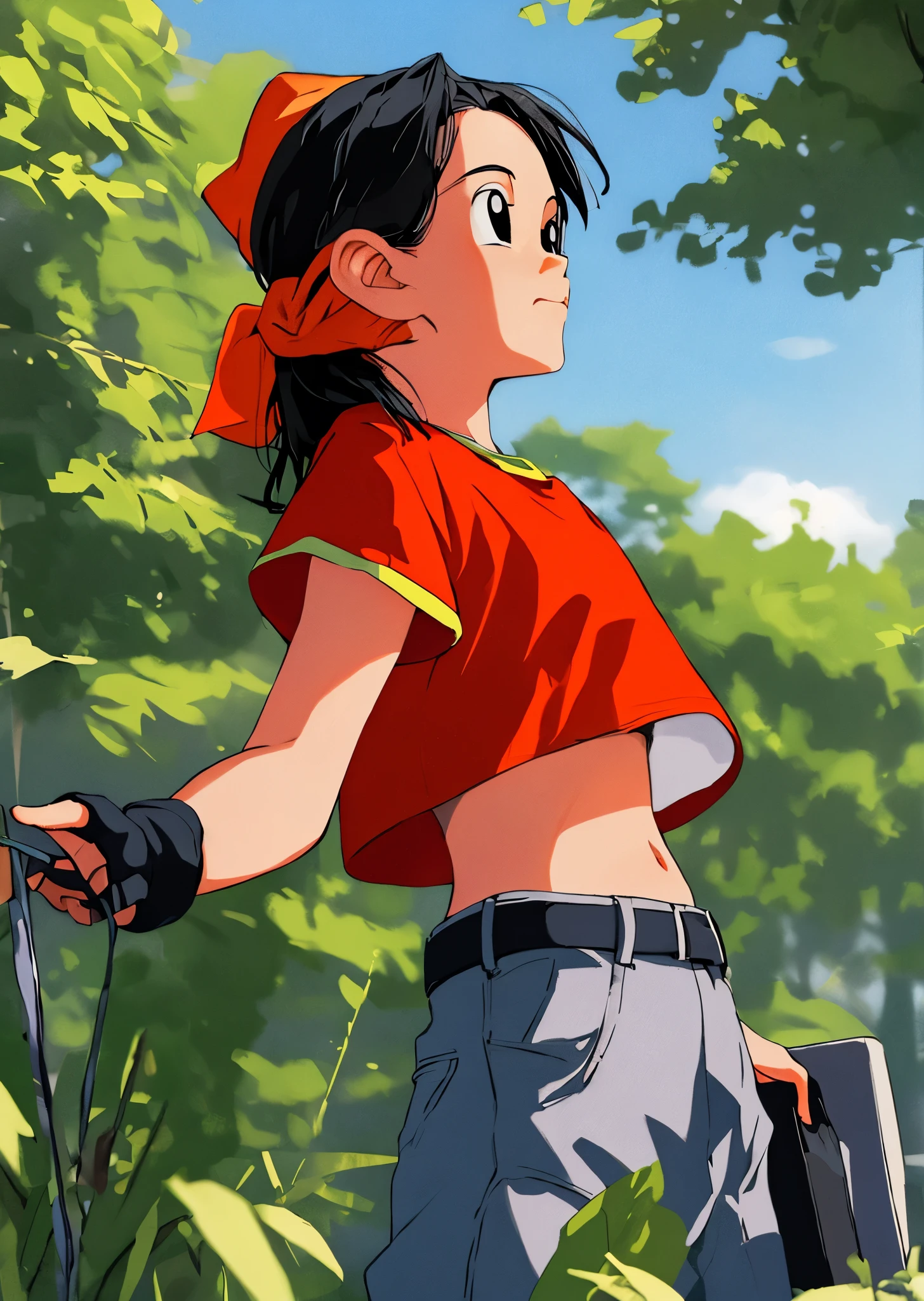 masterpiece, best quality, highest quality, photorealistic, perfect anatomy, perfect face, perfect eyes,
pandballgt, 1girl, black eyes, black hair, short hair, orange bandana, pants, fingerless gloves, red shirt, crop top, outdoors, child female