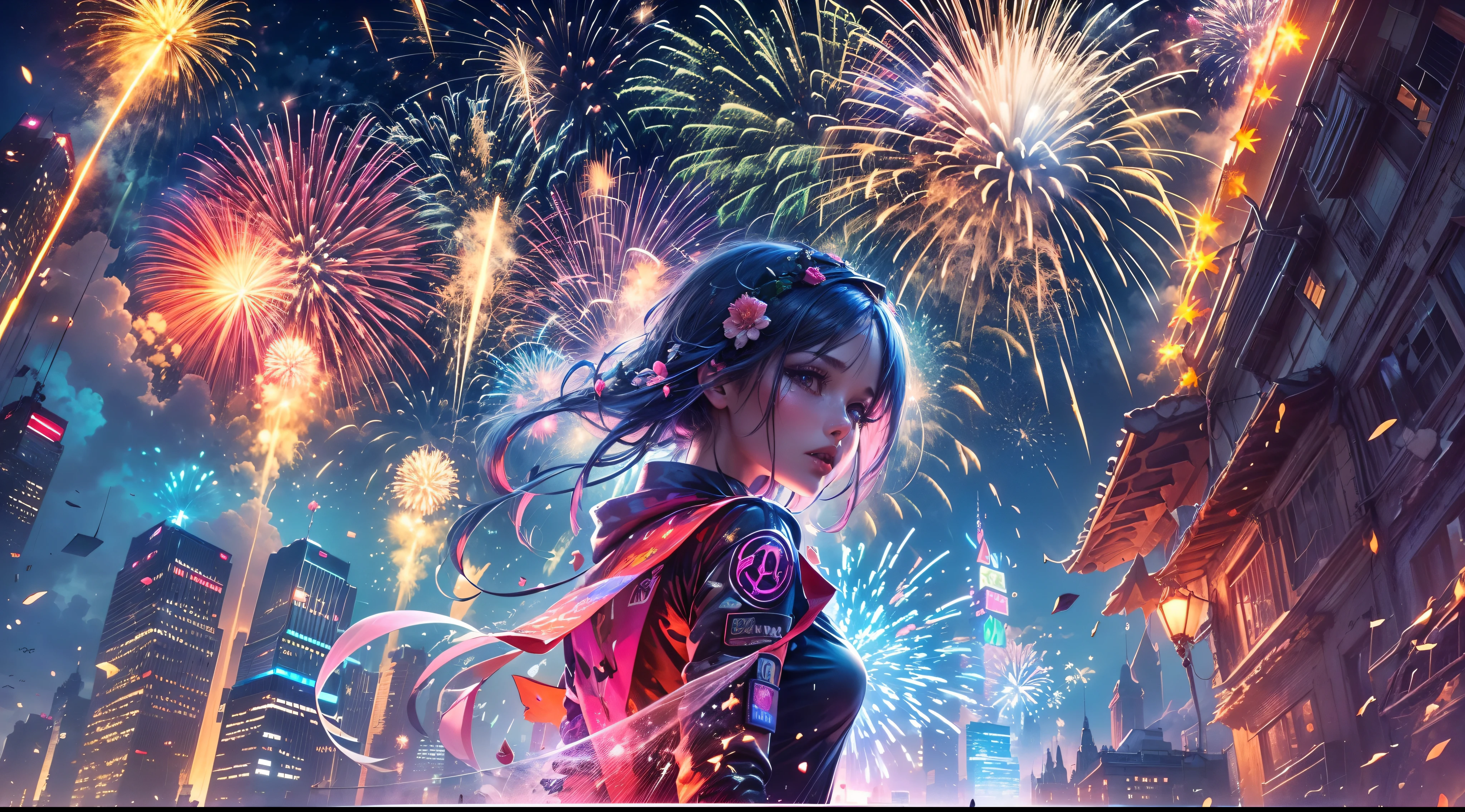 look from down, Fireworks over a cyberpunk city,(bright and shiny:1.1), Gorgeous explosions, (Spectacular and charming:1.2), Illuminate the darknesrilliant and vibrant colors), (crackles and crackleascinating and breathtaking:1.1) Light display, (bedazzled,Radiant hair) patterned, (Charming and magical), (Explosiveness and vitality), (Celebrate and rejoice).